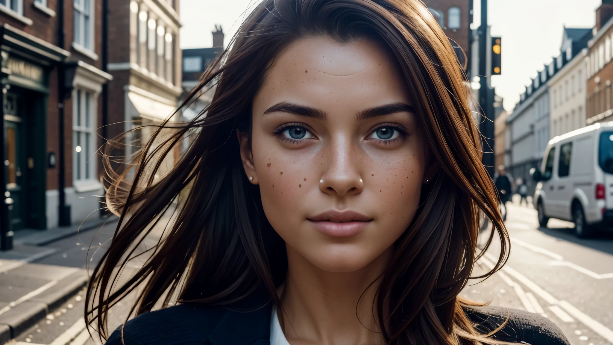 dressed, (photo realistic:1.4), (hyper realistic:1.4), (realistic:1.3), (smoother lighting:1.05), (increase cinematic lighting quality:0.9), 32K, 1girl,20yo girl, realistic lighting, backlighting, light on the face, ray trace, (brightening light:1.2), (Increase quality:1.4), (best quality real texture skin:1.4), finely detailed eyes, finely detailed happy face, finely quality eyes, (tired and sleepy and satisfied:0.0), face closeup, Take a walk on the street of London, (Increase body line mood:1.1), (Increase skin texture beauty:1.1)