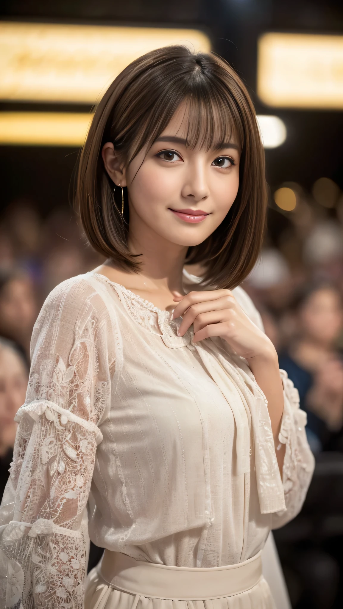 (RAW photo), (Photoreal), (masterpiece), (highest quality), High resolution, 8K resolution, (intricate details), (light with volume), portrait, woman, 40 years, short hair, straight hair, layered hair, brown haired, highly detailed eyes, ordering sauce, highly detailed eyebrows, highly detailed skin, highly detailed mouth, highly detailed nose, cute like an idol, smile, ((thick lips)), ((look at the audience)), (classy blouse)