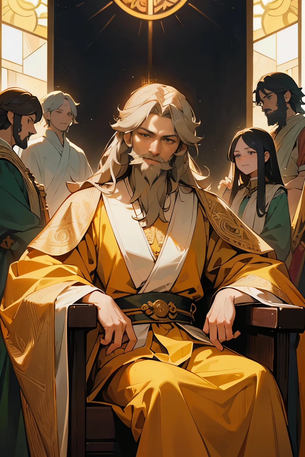 within a magnificent palace，leonardo the king，male，Older，with a beard，Sitting on a richly decorated throne，His eyes are full of wisdom and compassion。He wears exquisite royal robes，Wearing a golden crown，Surrounded by his loyal advisors and servants。The palace walls are hung with ornate tapestries，Describes the glorious moments of the kingdom。The sun shines on the king through the stained glass windows，Seems extremely sacred。
