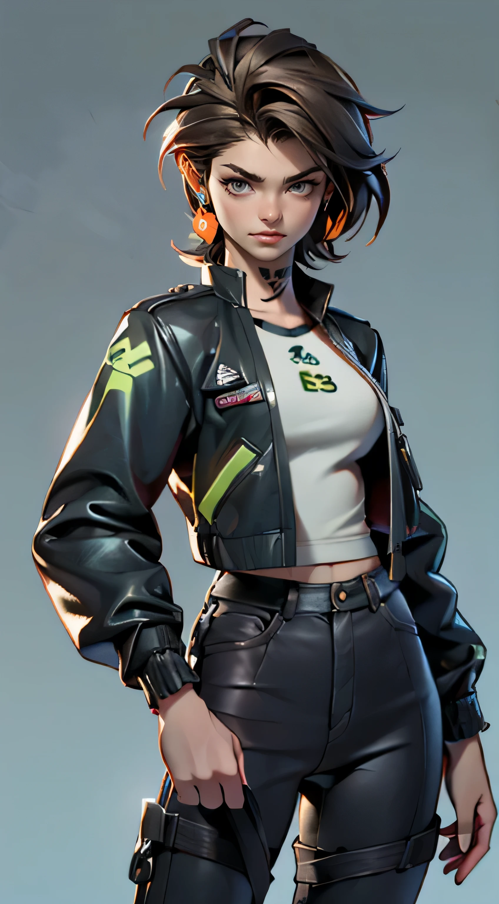11:23(((best quality: 1.4))),(Unparalleled masterpiece), (ultra high definition),(Hyper-realistic 8K CG)、（front），（one hand making movements），（dark straight hair），Mechanical equipment，（girl）， ((( Body))), (((1 girl in))), 25-year-old American soldier with perfect Body,,Beautiful and well groomed face,muscular Body:1.2,Solid color jeweled jacket with details, (Pictures from head to thighs)， Complex equipment, orange color，fluorescent green stripes，trousers，The clothes inside are orange color，Clothes with armored metal electronic parts, poison tattoo )