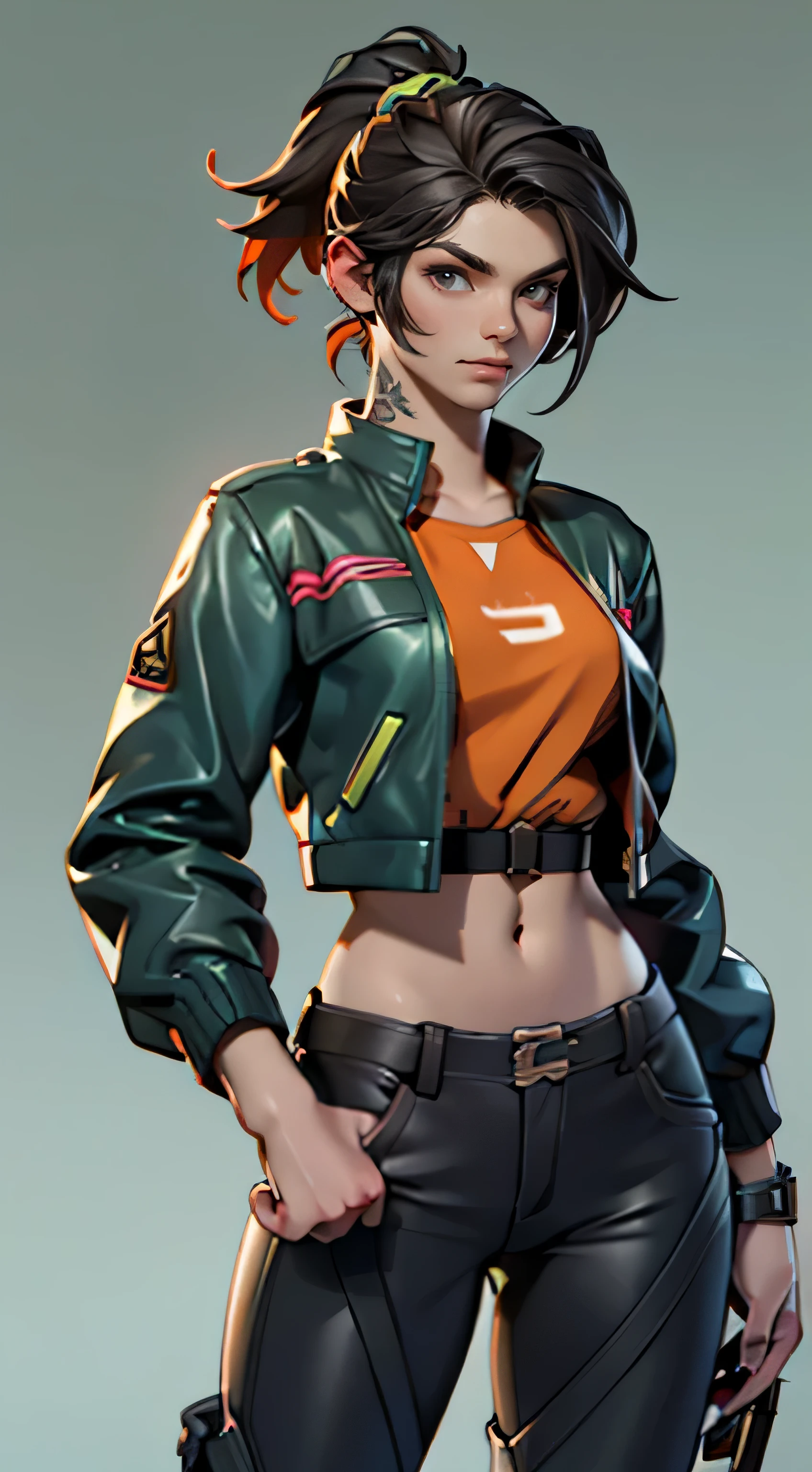 11:23(((best quality: 1.4))),(Unparalleled masterpiece), (ultra high definition),(Hyper-realistic 8K CG)、(front),(one hand making movements),(dark straight hair),Mechanical equipment,(girl), ((( Body))), (((1 girl in))), 25-year-old American soldier with perfect Body,,Beautiful and well groomed face,muscular Body:1.2,Solid color jeweled jacket with details, (Pictures from head to thighs), Complex equipment, orange color,fluorescent green stripes,trousers,The clothes inside are orange color,Clothes with armored metal electronic parts, poison tattoo )