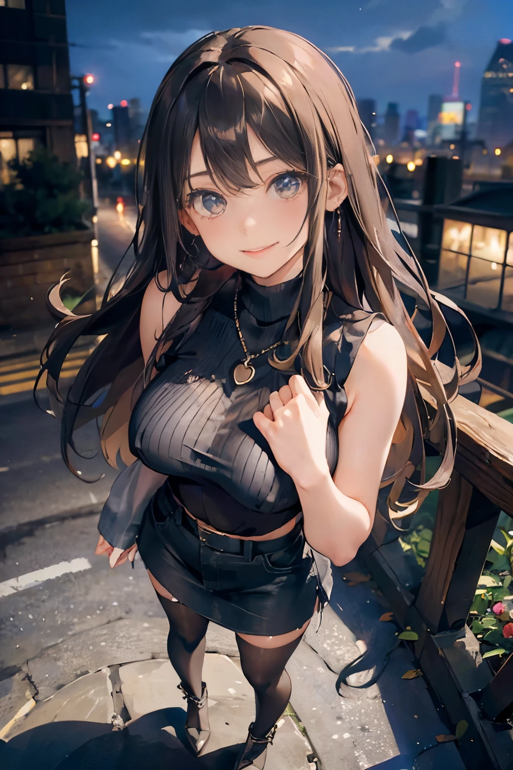 (Black Turtleneck Sleeveless Knit)、Denim Mini Skirt、20 year old girl, breasts of medium size,, Puffy nipple、Forward bends with emphasis on the chest、brown haired、Long Wave Hair,In the city of the city, I look up and look good.、a necklace、Earring、knee high stockings、high-heels ((Very detailed)), Shy smile、(Perfectly detailed face), (Well detailed hands) Photorealistic images、full body seen、emphasis on the buttocks