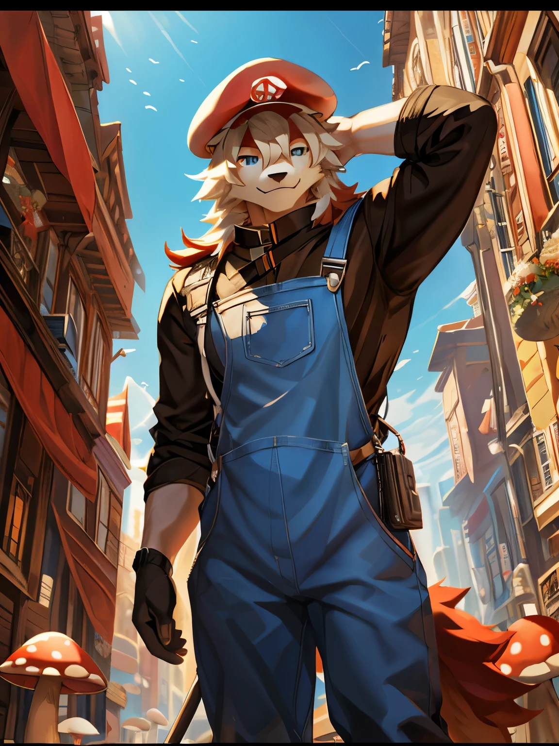 4k, ,8K, A high resolution, best quality, perfect colors, perfect shadows, perfect lighting, posted on e621, (by Chunie, by canyne khai, by t.y.starale), male, furry, anthro, hung (/arknights/), solo, ( Tail), white fur, Blue eyes, (Realistic eye details 1.2), (masterpiece), (bestquality) supermario, blue overalls, red shirt, red cap, mushroom kingdom in the background, giant mushrooms in the background, dramatic lighting, soft lighting, day, highly detail, Hair coiled, in a panoramic view, Slim body, full body like, fit body, perfect male figure, Detailed fur, Detailed face, (Complex), (Super Detail), (Ultra Clear), (Best Quality)