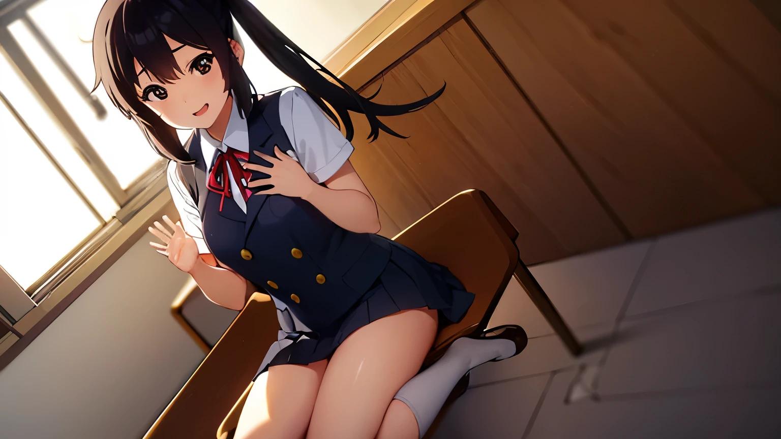 (best quality, masterpiece:1.2), 1girl, (((masterpiece))), (((full body))), (((sit in class))), top-quality, top-quality, High Details, nakano azusa, 1girl, Sakuragaoka High School Uniform, Twin-tailed, length hair, A dark-haired, brown-eyed, solo, reddish, Dark blue blazer with thin blue ribbon, Solid white buttoned shirt under blazer, illustratio, comic strip, soothing tones, Subdued Color, Soft cinematic light, adobe lightroom, photolab, HDR, intricately and hyper-detailed、(((depth of fieldasterpiece)))。(((top-quality))).)((ultra-detailliert)))。(((illustratio)))。(((takeout))).dynamic focus.big breasts.(((School))).(((A classroom))).(((Face of happy smile))). Close eye, open mouth.(((Hands waving))).(((up chest))).((morning glow)).((the setting sun)), solo, anime, anime screencap, ray tracing, ultra resolution image, vivid color,  cinematic light,  lens flare,  light on face, glow eyes,  depth of field, happy, detailed background, cute,  straight-on, dive dress, navel,