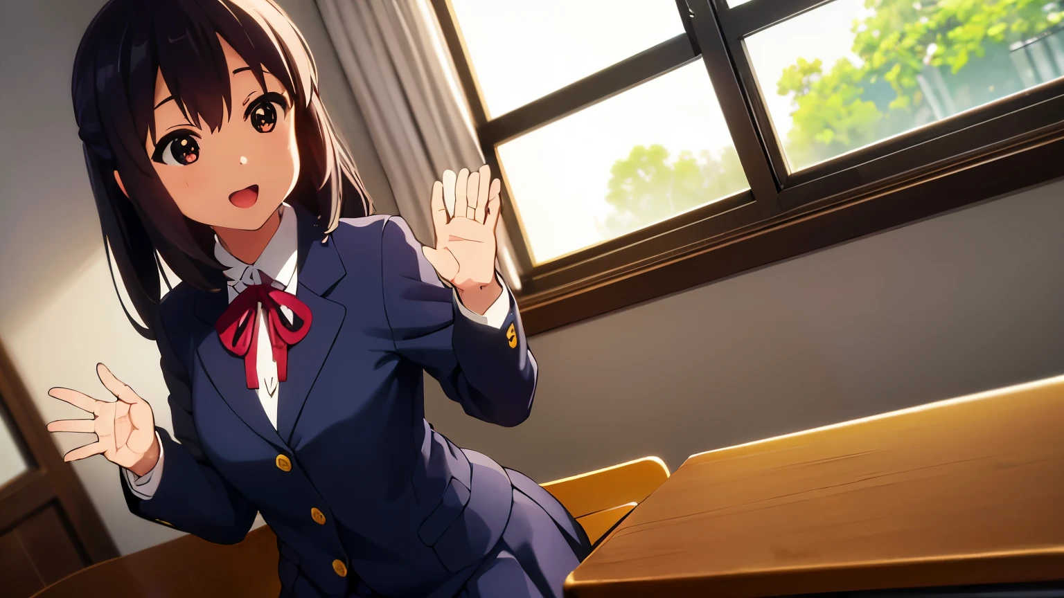 (best quality, masterpiece:1.2), 1girl, (((masterpiece))), (((full body))), (((sit in class))), top-quality, top-quality, High Details, nakano azusa, 1girl, Sakuragaoka High School Uniform, Twin-tailed, length hair, A dark-haired, brown-eyed, solo, reddish, Dark blue blazer with thin blue ribbon, Solid white buttoned shirt under blazer, illustratio, comic strip, soothing tones, Subdued Color, Soft cinematic light, adobe lightroom, photolab, HDR, intricately and hyper-detailed、(((depth of fieldasterpiece)))。(((top-quality))).)((ultra-detailliert)))。(((illustratio)))。(((takeout))).dynamic focus.big breasts.(((School))).(((A classroom))).(((Face of happy smile))). Close eye, open mouth.(((Hands waving))).(((up chest))).((morning glow)).((the setting sun)), solo, anime, anime screencap, ray tracing, ultra resolution image, vivid color, cinematic light, lens flare, light on face, glow eyes, depth of field, happy, detailed background, cute, straight-on, dive dress, navel,