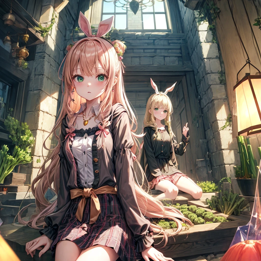 pink blonde、green eyes、one good looking girl、solo、anime、plaid mini skirt、the skirt has buttons、black camisole、black t-shirt、dress、wearing a ribbon、ribbon at waist、cloak、hood、clouds are swirling、stone slabs are piled up、one hand raised、crystal earrings、vegetable garden、monster castle、ceiling、golden key、jewelry necklace、Light and shadow、window、Hundreds of Ghosts at Night、lantern、sitting、legs crossed、mirror、Carrot、asparagus、tomato、green pepper、tunnel、Clock