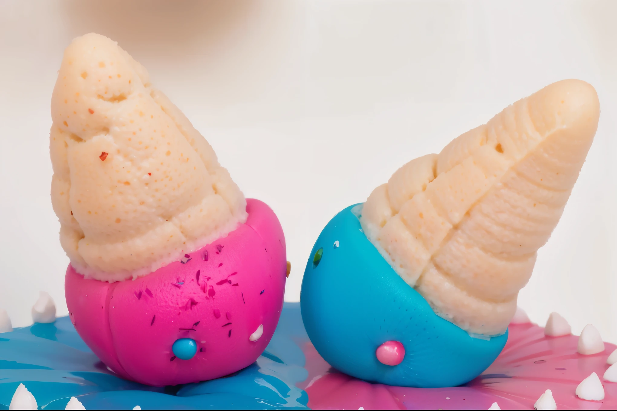 two ice cream cones, one ice cream with pink ice cream scoop, second ice cream with blue scoop of ice cream, realistic texture, Realistic style, Detailed textures, high quality, A high resolution, high quality рендера, beautiful voluminous cake, bright lighting, contour light, beautiful render, high quality photo, photograph of a confectionery product, macro photography, macro texture, hyper realistic food photography