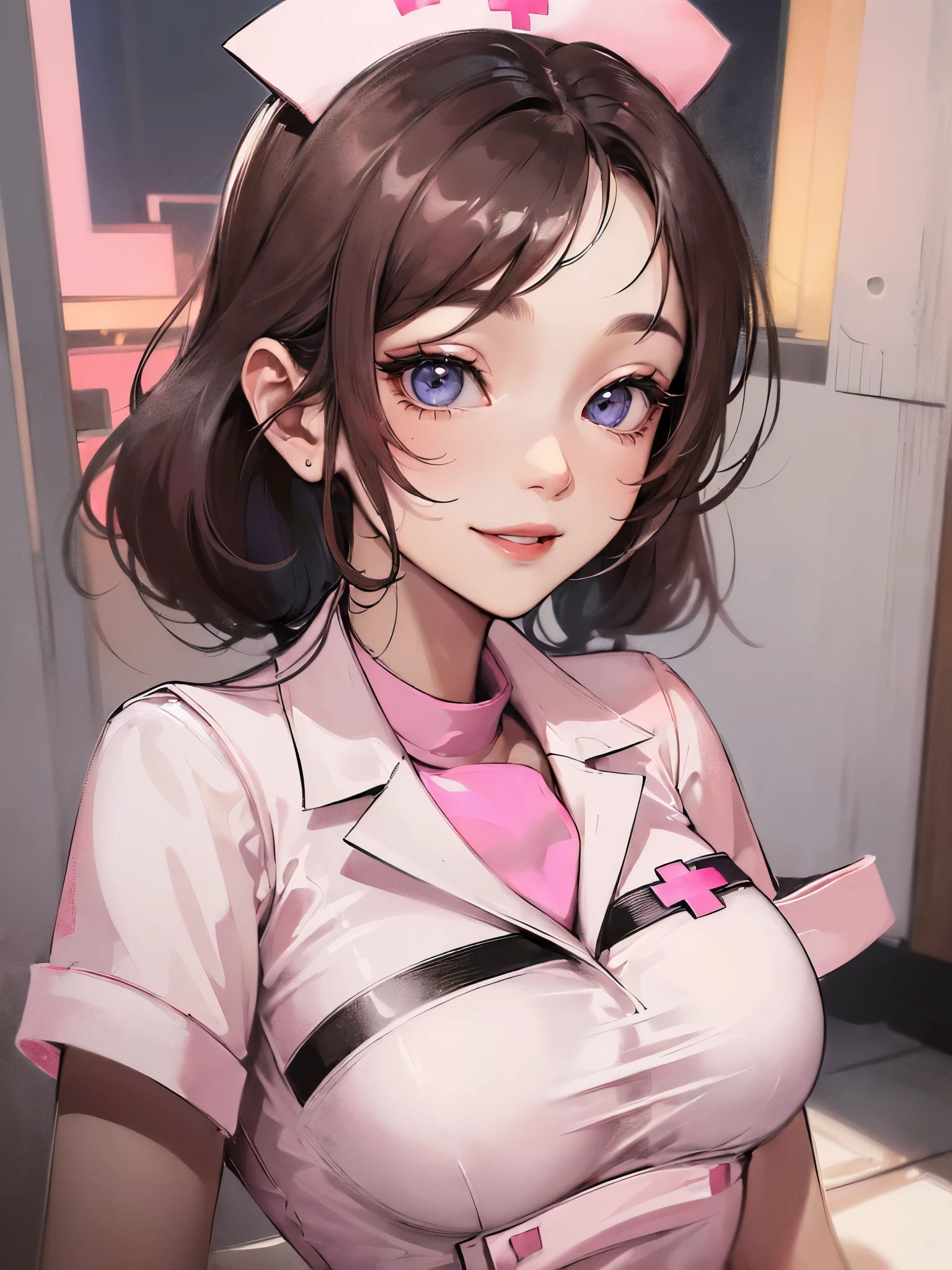 ((highest quality)),(ultra high resolution),(Super detailed),(detailed description),((best CG)),(best work of art),super precision art,amazing drawing art,(Art with precise details:1.5), (female nurse:1.8),(beautiful and well-shaped face:1.5),(A soothing smile:1.7),(light pink nurse wear:1.6)