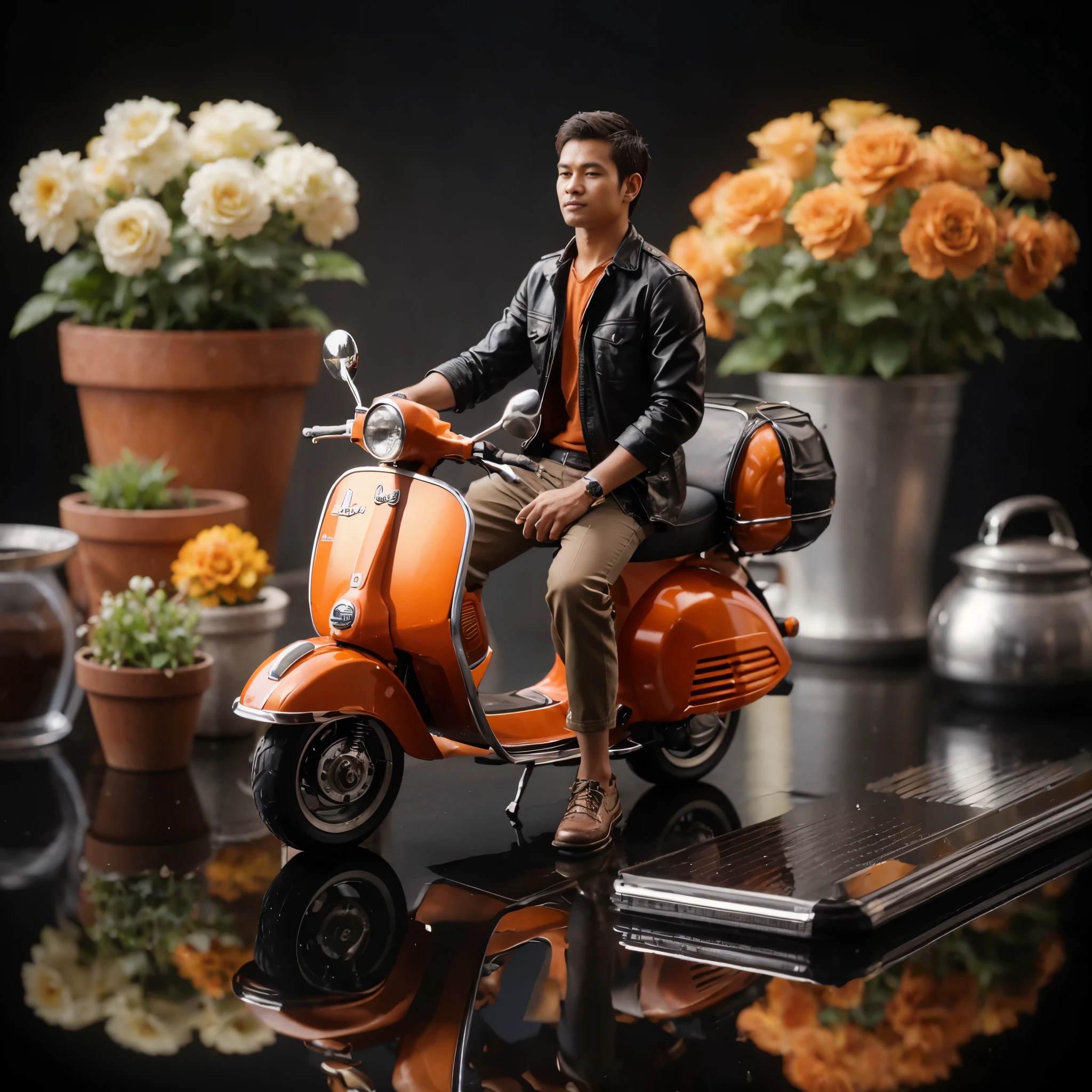 Realistic image of a classic Vespa miniature in orange, the image is located on a shiny black glass table, like the typical appearance of a classic Vespa, depicts a 32 year old Indonesian youth showing off his Vespa, there are several beautiful flower pots on the table, cell phone, dark background. Maximum detailed image results , the image quality is very good and clear, the results of classy professional photographer camera shots with clear, high-quality contrast
