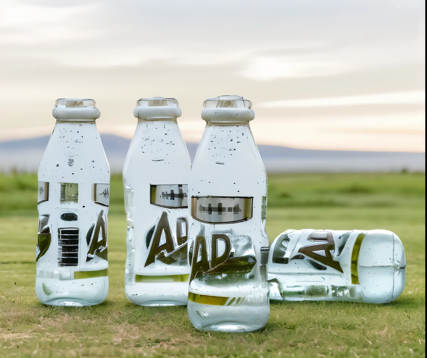 (High-definition image, authentic photo: 1.3), (3 standing white bottles and one overturned bottle: 1.3), placed on the grass 