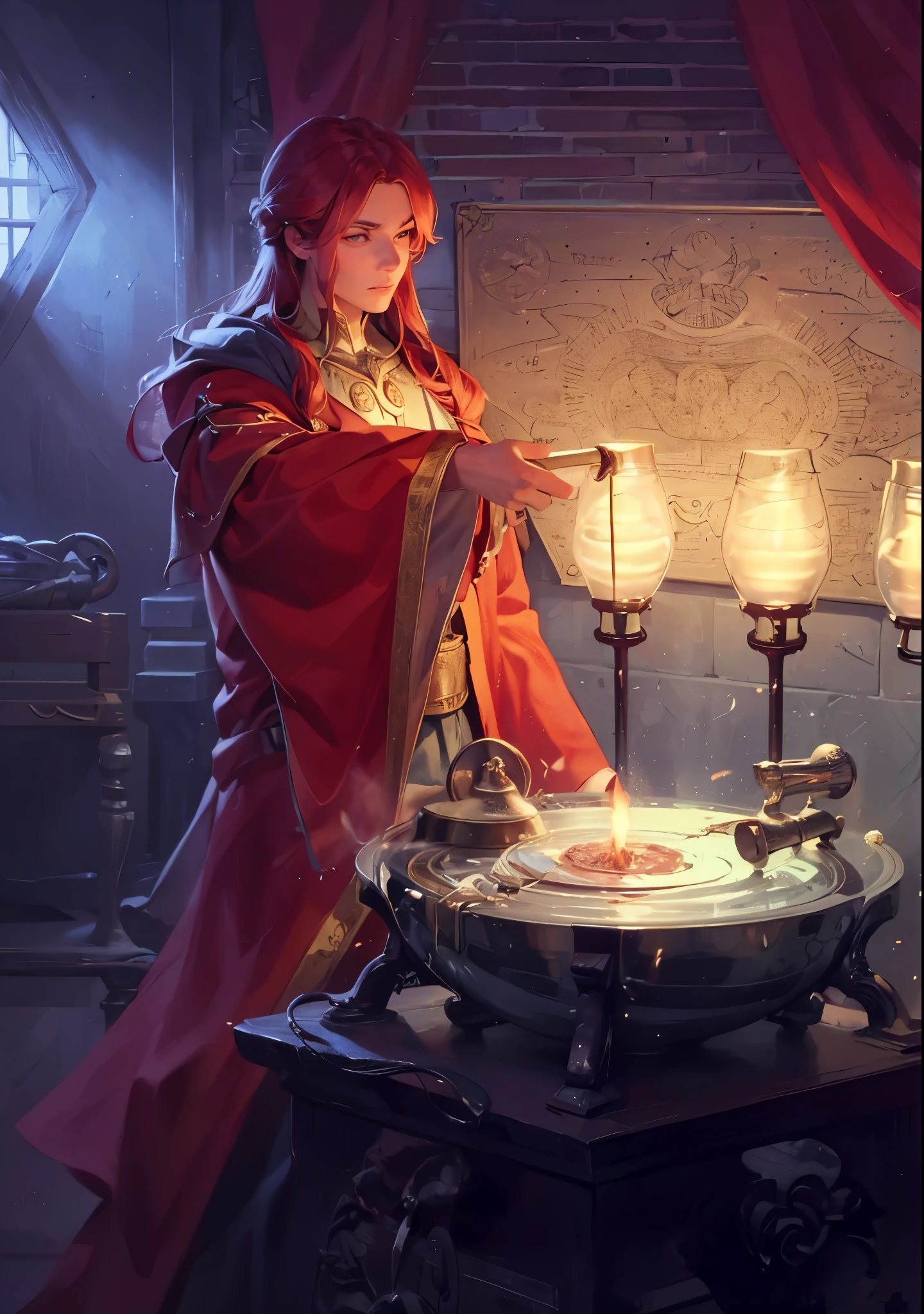 (best quality,4k,8k,highres,masterpiece:1.2),ultra-detailed,(realistic,photorealistic,photo-realistic:1.37),close-up shot of a person holding a candle next to a table, an arcane wizard casting spells, casting a spell on a potion, casting a fire spell, casting a fire spell, a female mage casting a spell, a wizard casting spells, him in a potions workshop, casting a flame spell, him in an alchemist's laboratory, a slender young male alchemist.