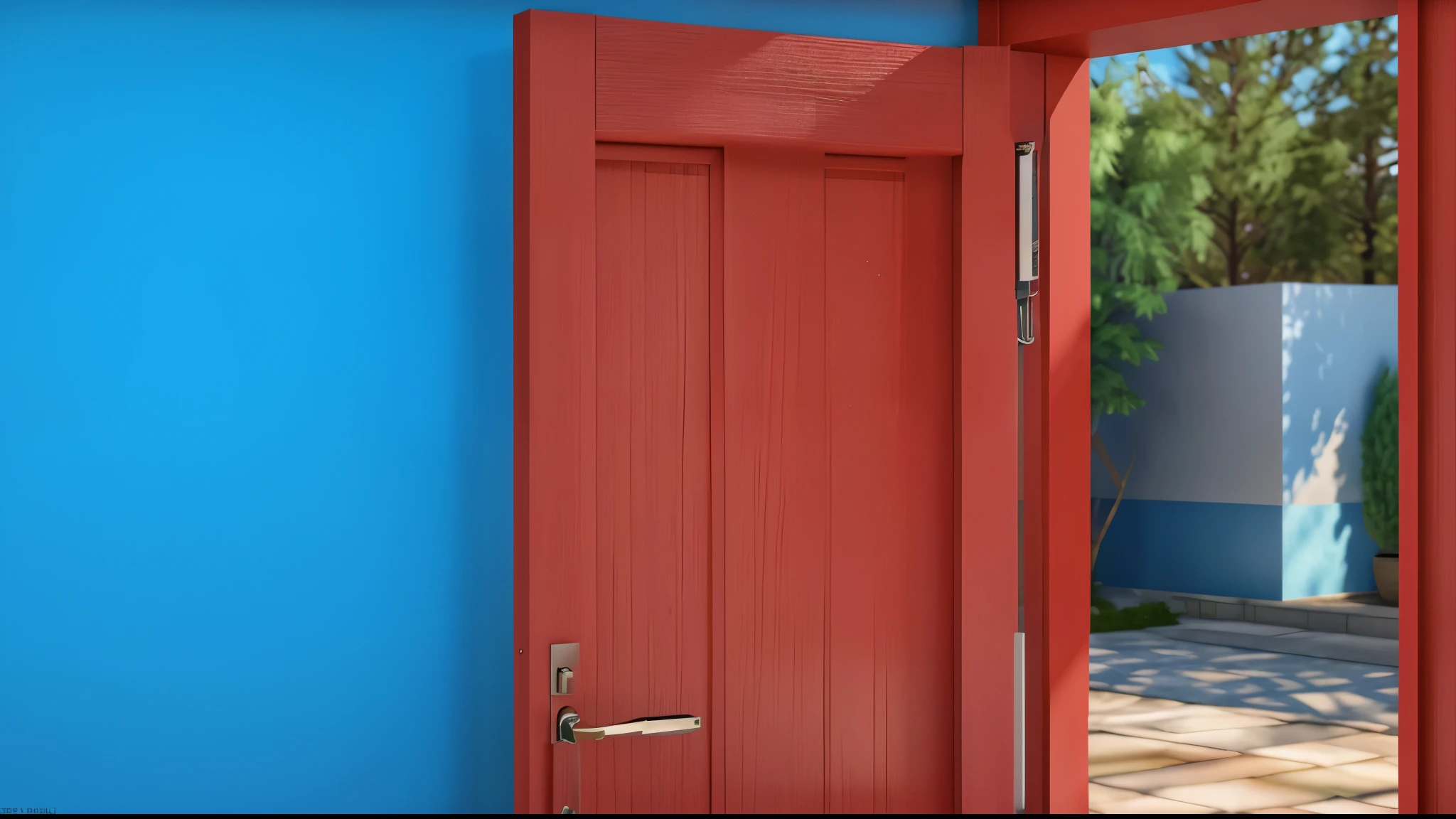A blue wall with a red door that is open, revealing a suburban street. smoot, multiple light sources, rim light, sharp post effects render, perfect cgi, digital art, detailed digital art, reflective, best quality, 4k, masterpiece:1.2, ultra-detailed, realistic, vivid colors, dark and moody lighting, The image of the highest quality, ensuring every detail showcased perfectly. It in 4k resolution, allowing viewers to immerse themselves in the richness of the colors and intricate details. The realistic rendering. under the spotlight, reflecting, high-resolution image, realistic rendering, dark background, and rim light