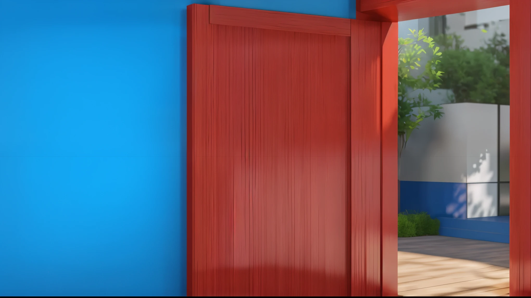A blue wall with a red door that is open, revealing a suburban street. smoot, multiple light sources, rim light, sharp post effects render, perfect cgi, digital art, detailed digital art, reflective, best quality, 4k, masterpiece:1.2, ultra-detailed, realistic, vivid colors, dark and moody lighting, The image of the highest quality, ensuring every detail showcased perfectly. It in 4k resolution, allowing viewers to immerse themselves in the richness of the colors and intricate details. The realistic rendering. under the spotlight, reflecting, high-resolution image, realistic rendering, dark background, and rim light