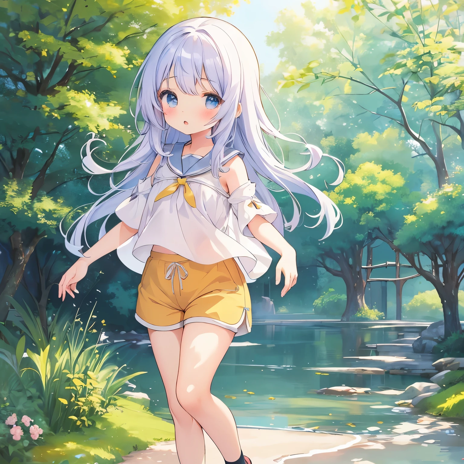 highest quality、masterpiece、full body figure、(anime style)、absurd、High resolution、beautiful background、full body figure、(Chino Shorts、wide hem shorts:1.3)、、、cute girl、(12 year old girl:1.3)、beautiful background、
