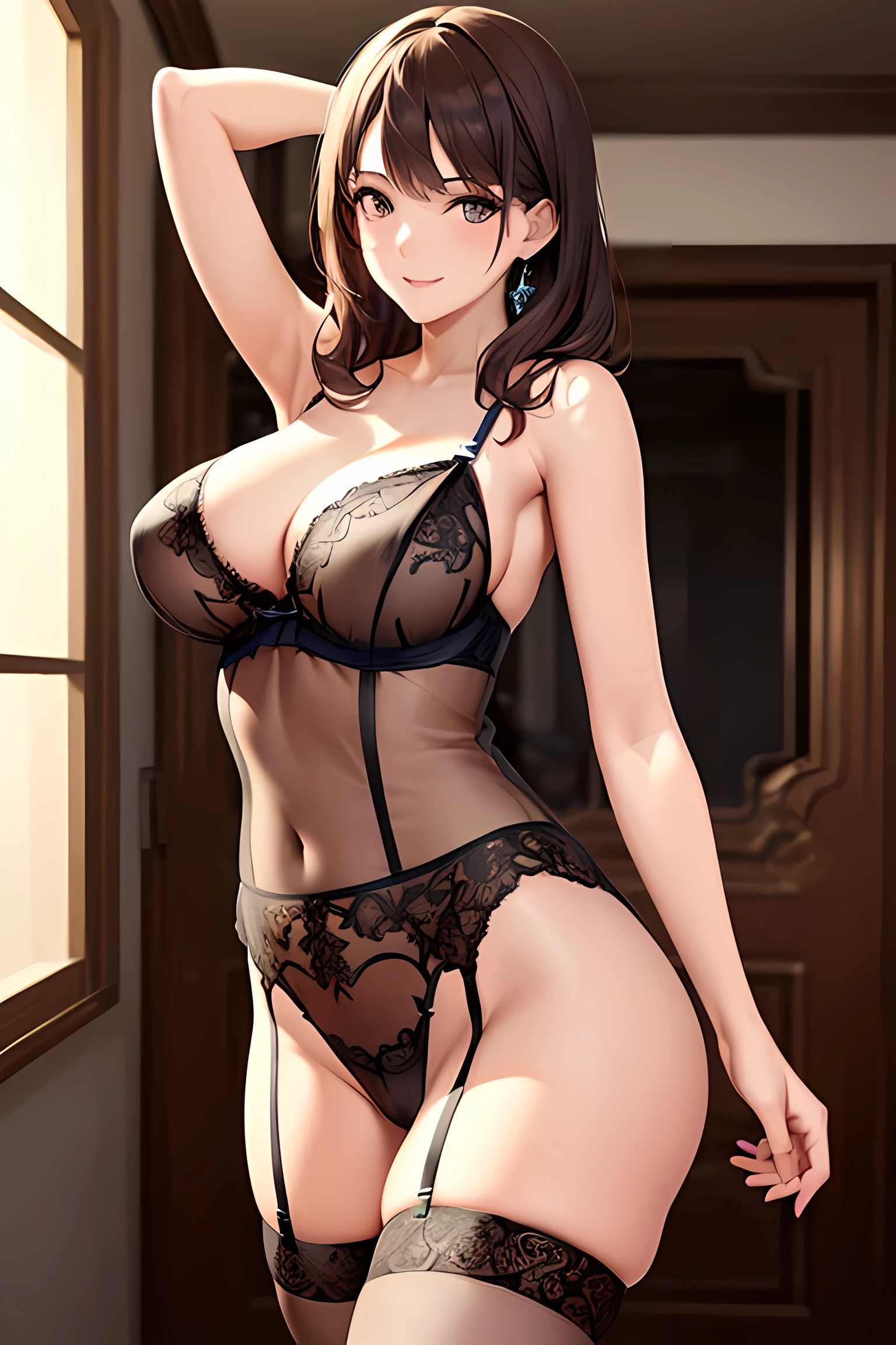 (masterpiece:1.8),(super high quality:1.5),(highest quality:1.5),(8k:1.5),(Ultra-fine illustration:1.5),(very clear image:1.5),(Super detailed:1.5),(Illustration of a very beautiful girl:1.8),(the cutest and sexiest girls:1.5),(smile:1.5),(Beautifully rendered lingerie in ultra-high resolution:1.8),(metallic gold lingerie:1.5),(Metallic gold see-through body stockings:1.5),(sexy pose:0.5),(arm behind head:1.5),(contrasting:1.5),(Rear view:0.5),(luxury,euro style bedroom:1.2),(cowboy shot:1.6),(dynamic angle:1.0),