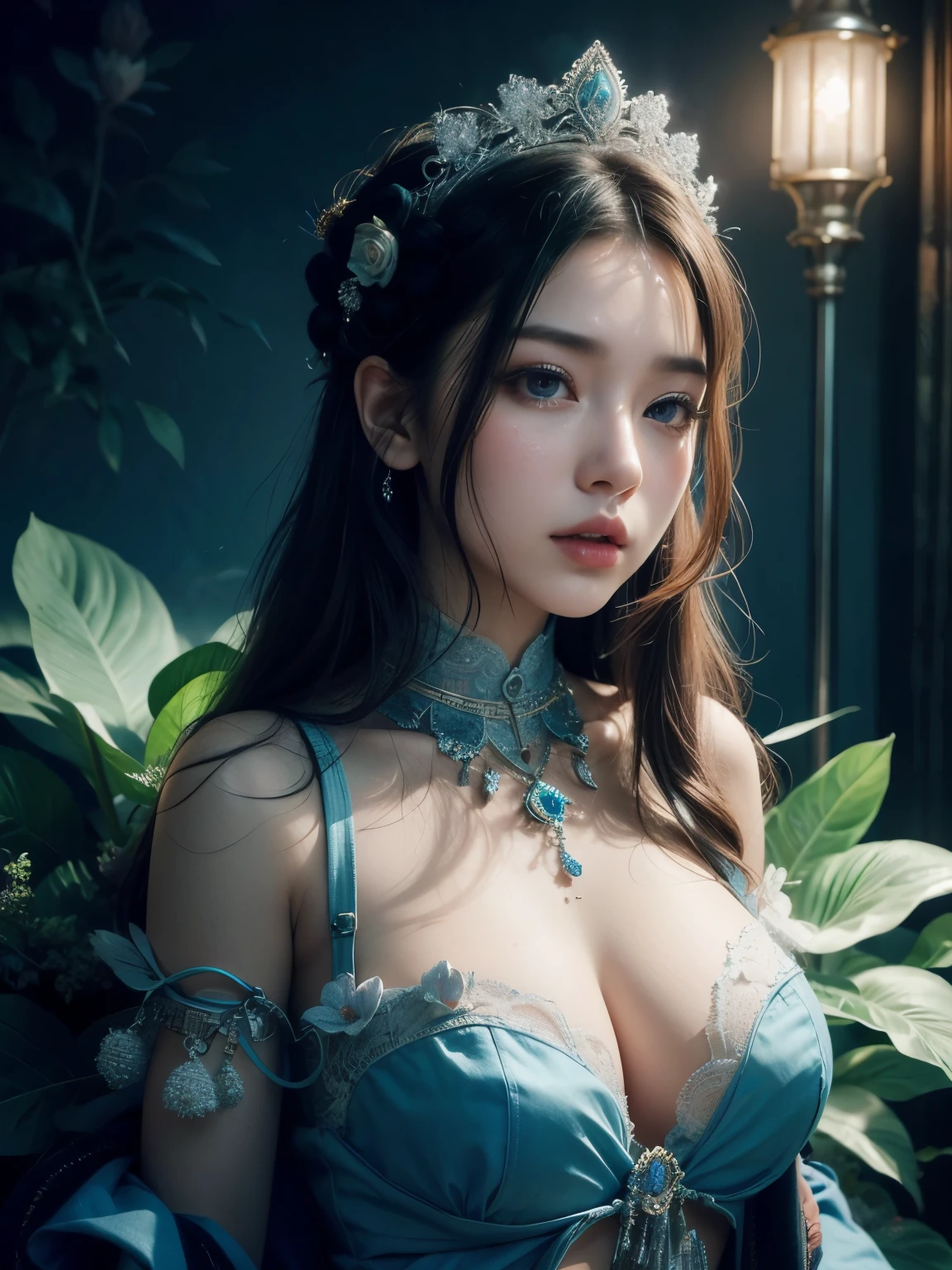 a stunning art, abstract, flowery, predominantly blue, white, upper body, centered, key visual, intricate, highly detailed, breathtaking beauty, precise line art, vibrant, comprehensive, cinematic,