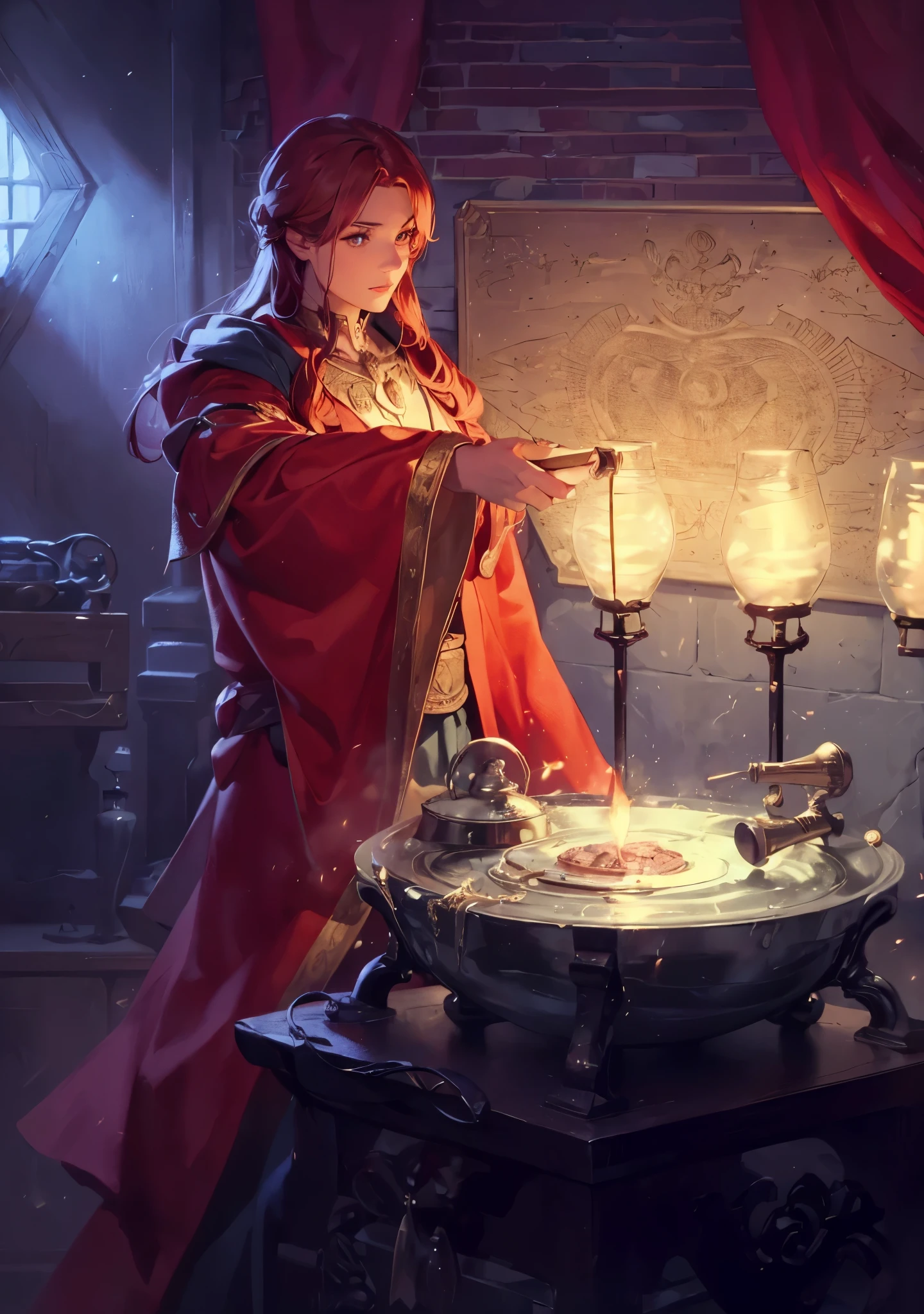 (best quality,4k,8k,highres,masterpiece:1.2),ultra-detailed,(realistic,photorealistic,photo-realistic:1.37),close-up shot of a person holding a candle next to a table, an arcane wizard casting spells, casting a spell on a potion, casting a fire spell, casting a fire spell, a female mage casting a spell, a wizard casting spells, him in a potions workshop, casting a flame spell, him in an alchemist's laboratory, a slender young male alchemist.