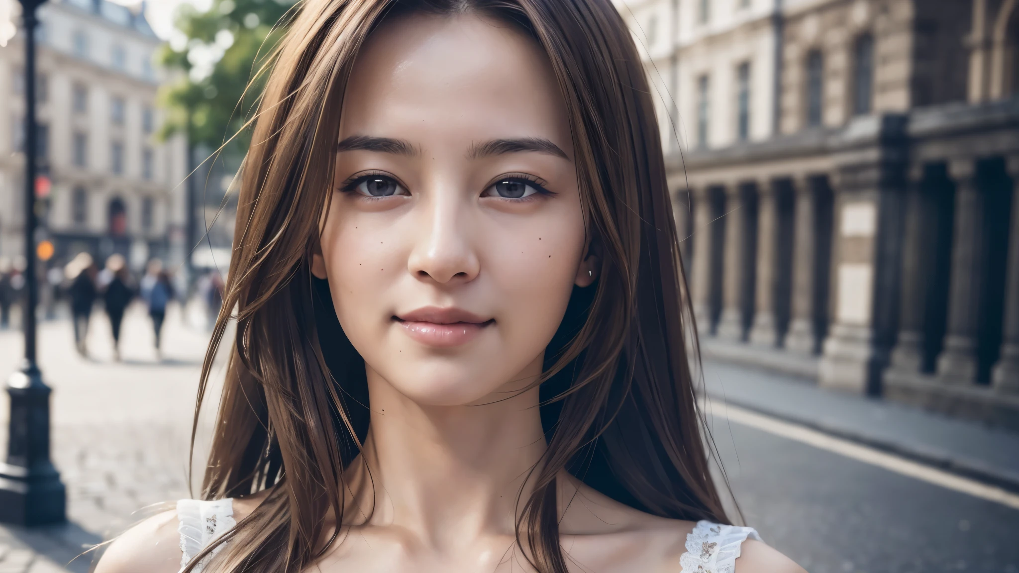 masterpiece, Best Quality, Photorealistic, Ultra-detailed, finely detailed, High resolution, 8K Wallpaper, 1 beautiful woman, light brown hair, sharp focus, Perfect dynamic composition, Beautiful detailed eyes, detailed hairs, Detailed realistic skin texture, Smiling, portrait, Model body type, Take a walk on the street of London,
