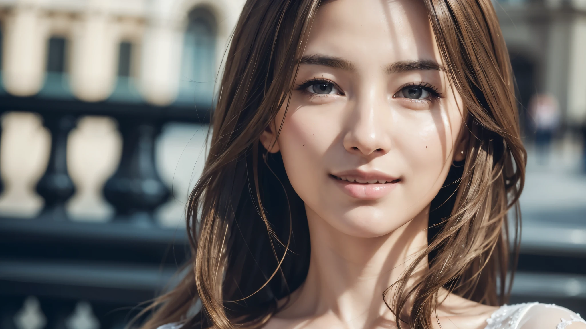 masterpiece, Best Quality, Photorealistic, Ultra-detailed, finely detailed, High resolution, 8K Wallpaper, 1 beautiful woman, light brown hair, sharp focus, Perfect dynamic composition, Beautiful detailed eyes, detailed hairs, Detailed realistic skin texture, Smiling, portrait, Model body type, Take a walk on the street of London,