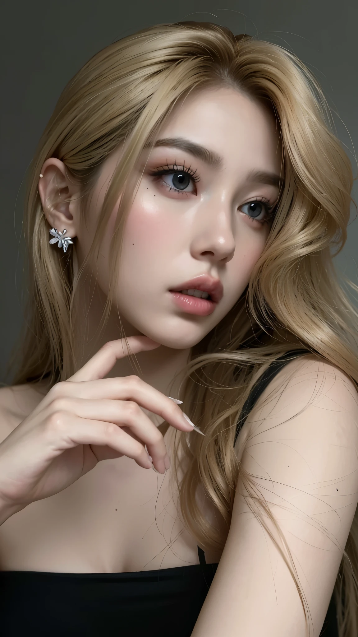 blonde woman with long hair holding a white cell phone, retrato de kim petras, maquillaje popular de corea del sur, retrato de jossi de blackpink, parque roseanne de blackpink, ulzzang, maquillaje coreano popular, cruel korean gothic girl, ava max, con el pelo largo y blanco, inspirado en Yanjun Cheng, bella delfina, kim taejin