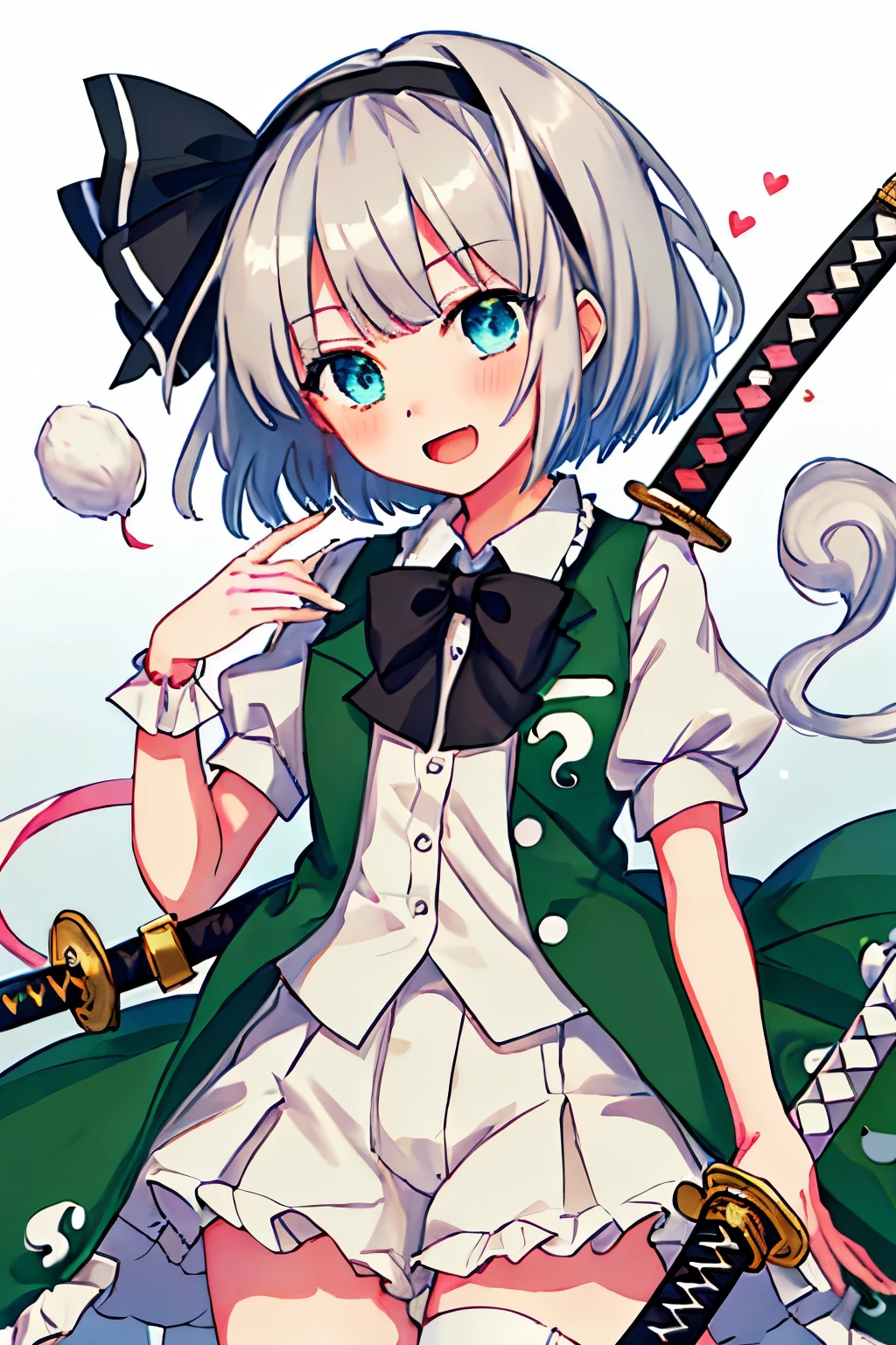 best quality, masterpiece, highres, solo, {konpaku_youmu_touhou:1.15}, short_hair, ribbon, hairband, black_hairband, hair_ribbon, black_ribbon, bangs, white_hair, vest, blue_eyes, green_vest, sword, katana, hitodama, bow, blush, upper_body, black_bow, grey_hair, 1girl, black_bowtie, bowtie, collared_shirt, shirt, white_shirt, simple_background, puffy_short_sleeves, short_sleeves, looking_at_viewer, puffy_sleeves, green_eyes, white_background, open_mouth