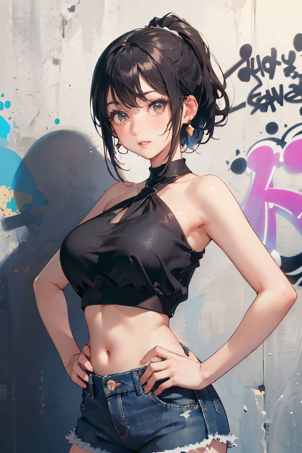(masterpiece), (portrait), big breasts (aesthetics), ((1 female 21 years old)), Highlight earrings), ((Short hair)), ((Black hair)), Straight hair, Ponytail , eyes wide open , brown eyes, cute, female, woman, feminine, beautiful, female features, top, high quality, aesthetic clothing, professional angle, (rule of thirds), (female), (female), (female), (beautiful), (female features), solo, (attractive Korean), summer, (ink mist), (afternoon), (vibrant light), ((expressive postures)), (hands on hips), ((looking face forward)), ((Energetic)), (Bold make-up), (Big bust), (Confident look), Fair skin tone, (Clothes with hip hop details), (Crop Top), (Denim shorts), (Neckline halter), ((Graffiti Wall Background)), (Medium Shot Shot), beautiful hands, beautiful body, beautiful ears, normal ears, beautiful eyes, bright eyes, beautiful mouth, beautiful lips,