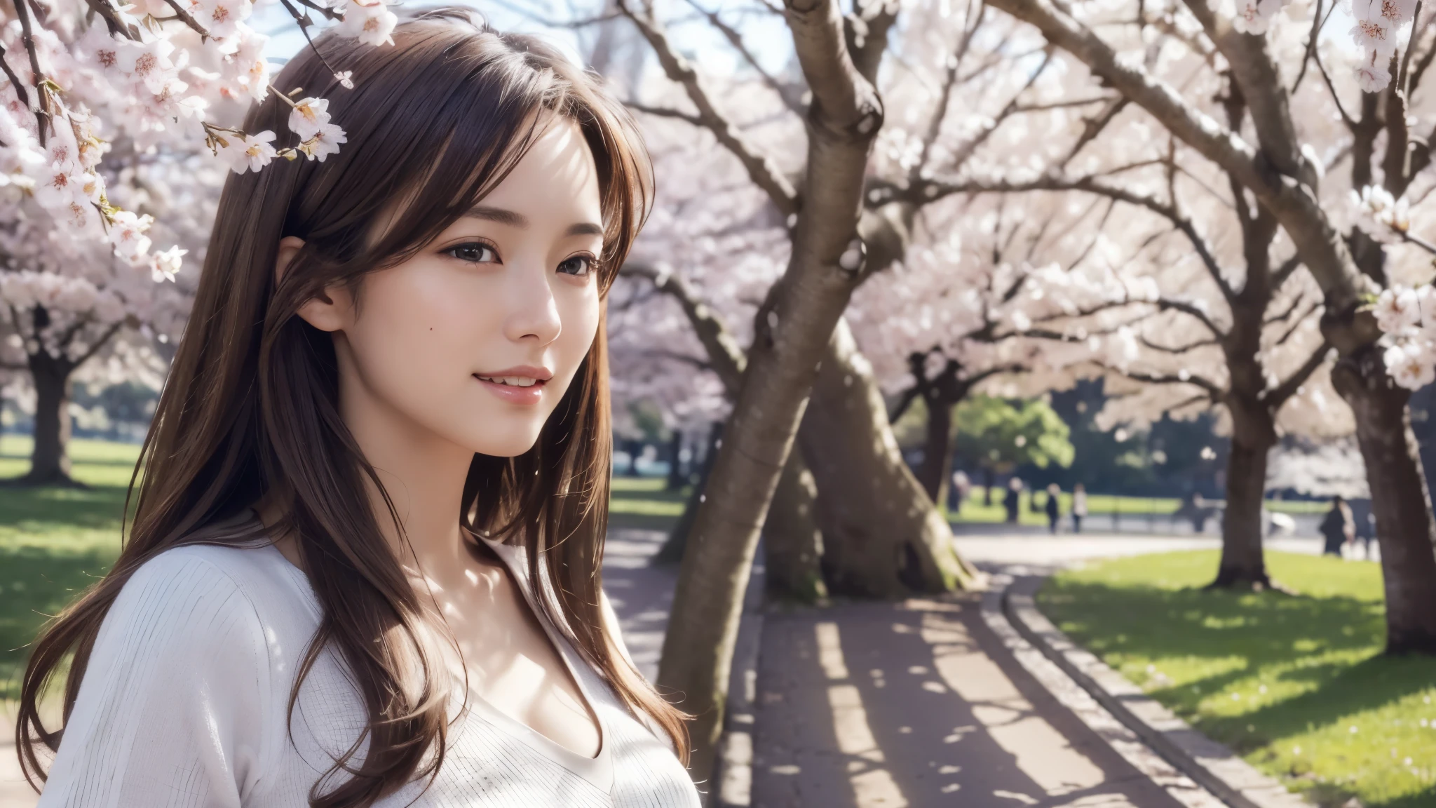 masterpiece, Best Quality, Photorealistic, Ultra-detailed, finely detailed, High resolution, 8K Wallpaper, 1 beautiful woman, light brown hair, sharp focus, Perfect dynamic composition, Beautiful detailed eyes, detailed hairs, Detailed realistic skin texture, Smiling, portrait, Model body type, Take a walk in the park with cherry blossoms and Eiffel Tower background,