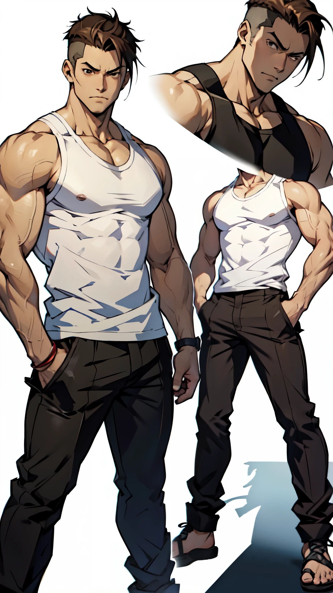 anime very muscular japanese man wearing a white tank top, tall, beige mechanic pants, black hair, (pale skin), ((yashiro from the king of fighters)), gangster, dark brown hair crew cut haircut, thug, brown eyes, anime cyberpunk character, male anime character, anime character sheet, character concept, full body concept, ( ( several poses, several expressions ) ), full body, male protagonist 👀 :8, anime style character, ((white background))