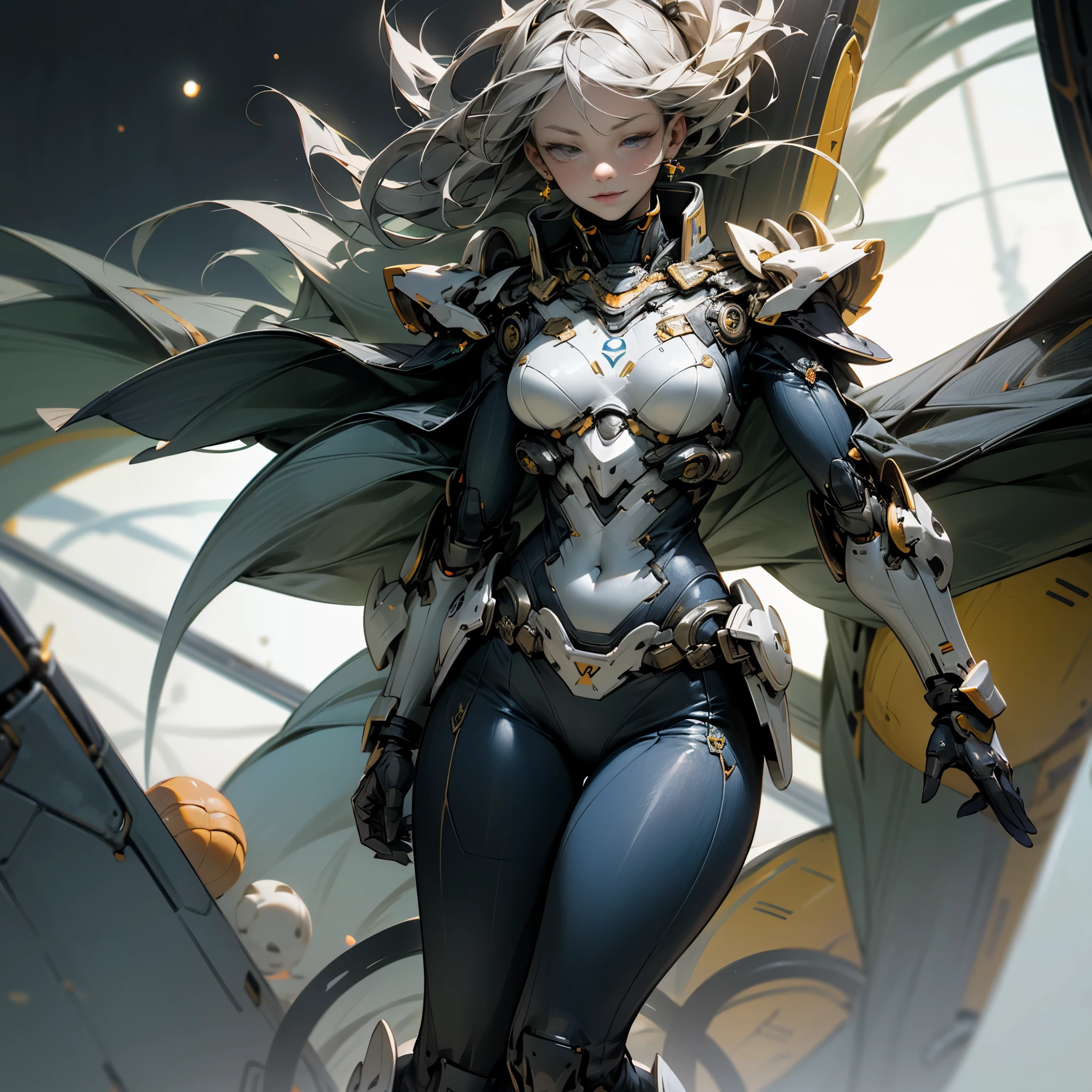 Full body, dark navy space suit, combat posture, sharp creases on the surface of the shell, streamlined curves and transitions, tightly connected abdominal armor showing symmetrical angles, with biological rib like abdominal armor layer by layer covering and connecting, and shining veins between the gaps of abdominal armor. The EVA of the back armor combines the shell and electronicses, best qualtiy， Realiy， ultra-detailliert，8k，