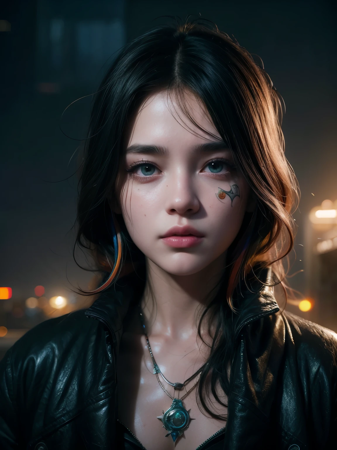 Hyperrealistic portrait of a 18 year old girl with intense gaze, intricate facial tattoos, colorful hair, and vibrant lighting. Set against a dystopian cityscape background, reminiscent of cyberpunk art. Masterpiece digital artwork by Greg Rutkowsky and Hayao Miyazaki.