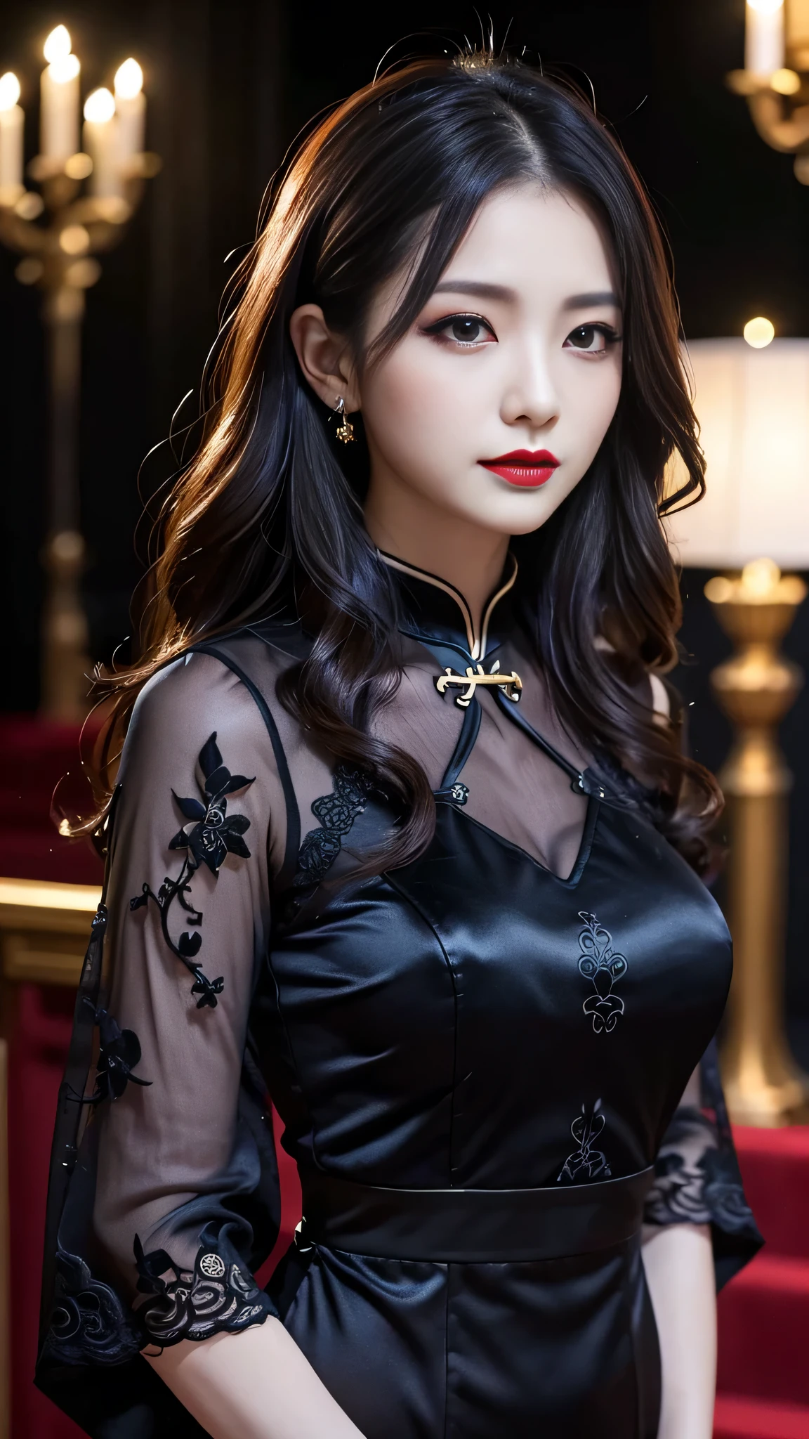 Super detailed、Japanese、charming beauty、seductive adult woman、Beautiful woman、sharp eyes、cool girl、wavy hair、long black cheongsam、wide sleeve、evilの幹部、evil depravity、brainwashing、Mind control、lipstick、grin、evilな表情、evil、empty eyes、evil、church at night、vampire、vampire、Hypnosis、brainwashinging、Contrasting、makeup brush