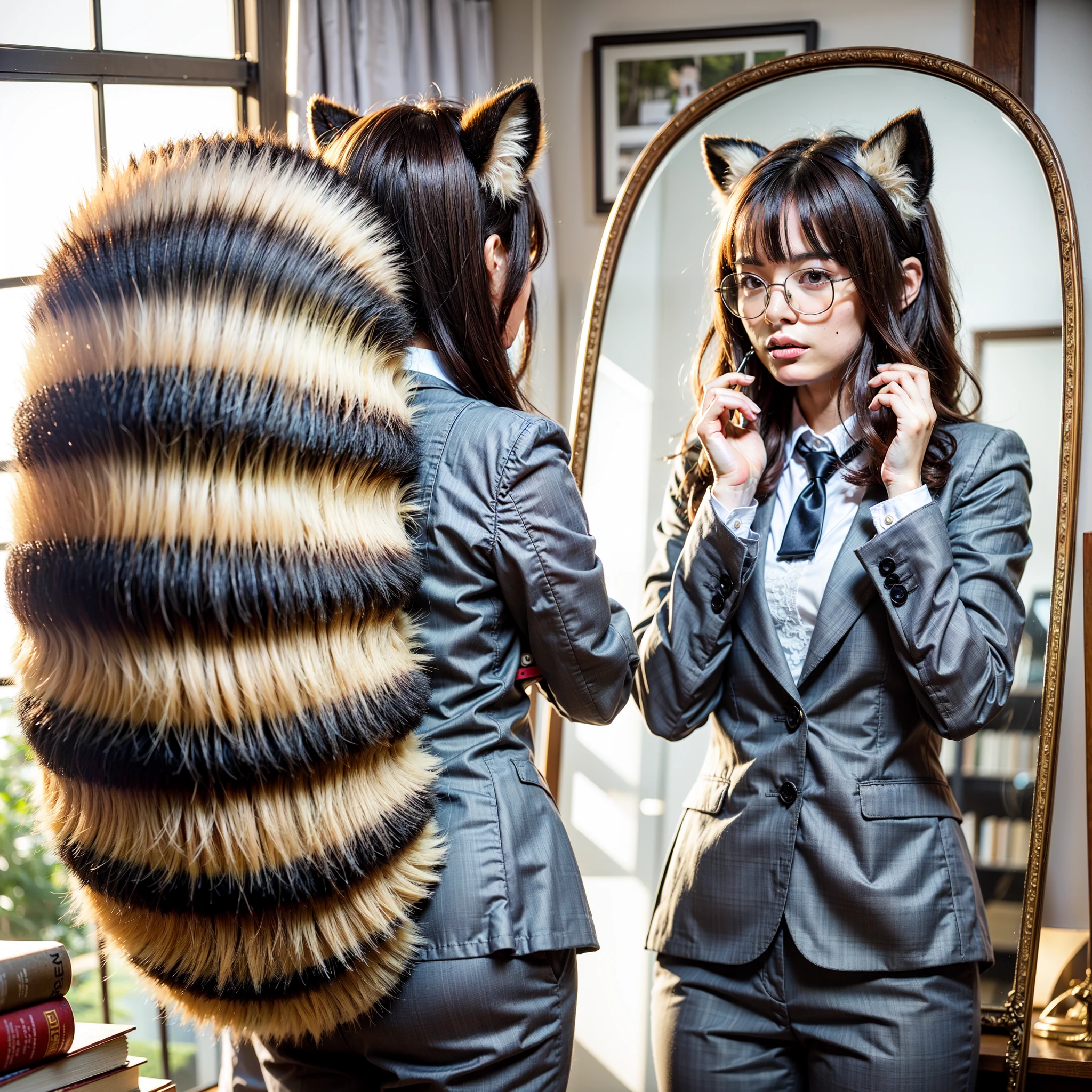 Girl in a business suit looking at herself in the mirror, pov furry art, anthropomorphic raccoon dog, (software) safe for work, commission, software version, high quality, anthro, commission on furaffinity, admire her own reflection, photograph, 最high quality, Bushy tail, round glasses
