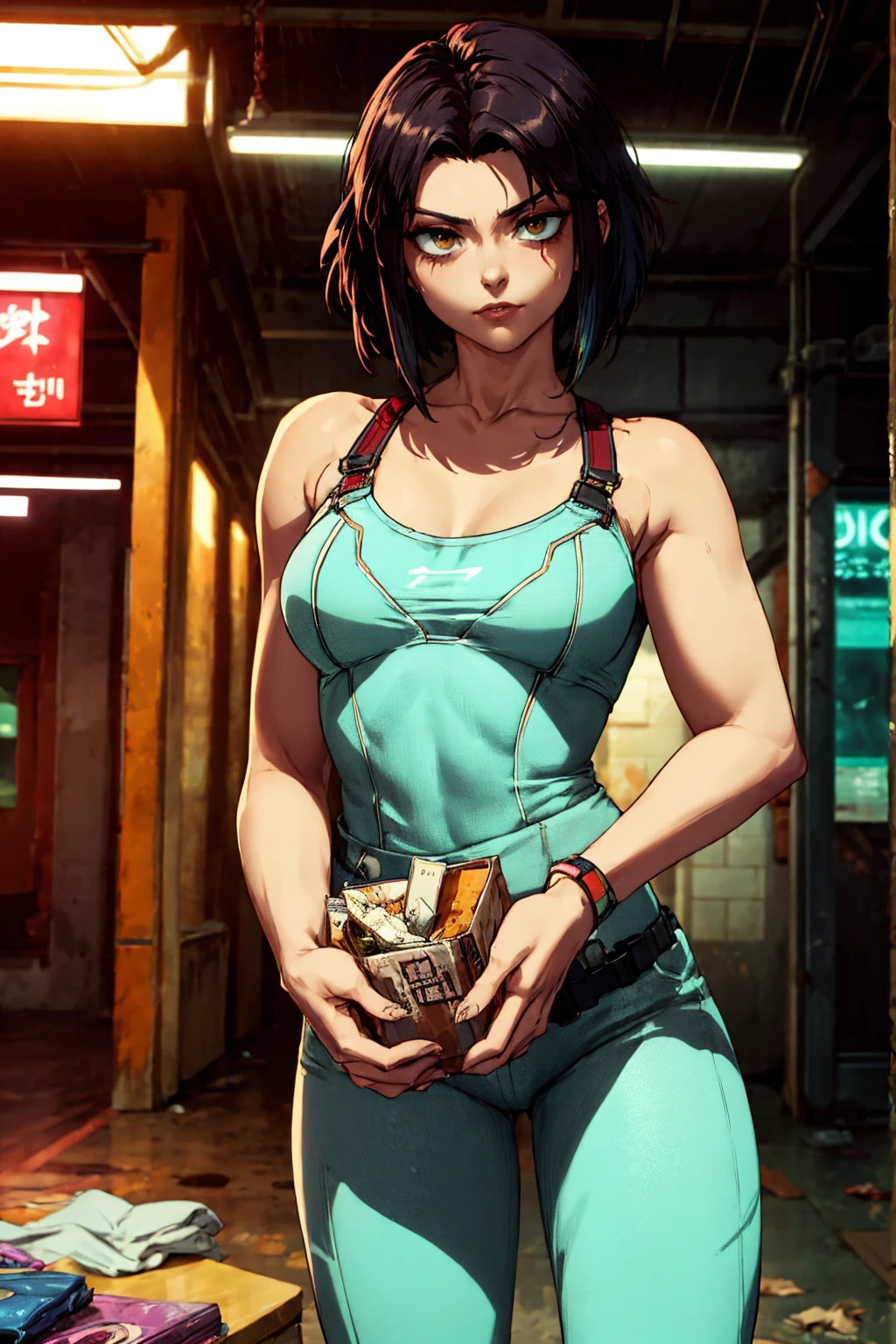 there is a woman standing in a dark room with garbage, rings asuka iwakura station game, cyberpunk horror style, dark natasha, perfect dark, 8 k movie still, movie still 8 k, soma game style, dramatic sci-fi movie still, cyberpunk lut, standing in a dimly lit room, still from alita, cyberpunk basement, (masterpiece), best quality, ultra-detailed, 1024k UHD wallpaper, ultra-high resolution, depth of field, HDR, Ray tracing, RTX, high saturation, high contrast, photon mapping, best texture quality, best compotitiontremely detailed CG 1024k wallpaper), Ultra HD, Perfect Face, Perfect Anatomy, Perfect hand, Perfect Finger, 