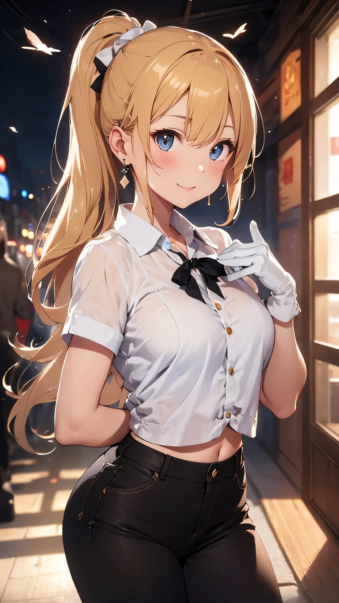 最high quality、best image quality、masterpiece、girl((20-year-old、 By becoming、vest bust、medium bust,wide open breast tea、shining eyes, blonde、long hair、thin,highest valley、ponytail、Very short shirt、short belly sports pants、cool pose、Please bring your smartphone、sweating、smile、forward leaning movement、diamond earrings、white gloves、cute pose)),high quality、beautiful art、background((casino))、Flight、debris flies、Depth of written boundary、movie、visual art、perfect art、8k,genuine、