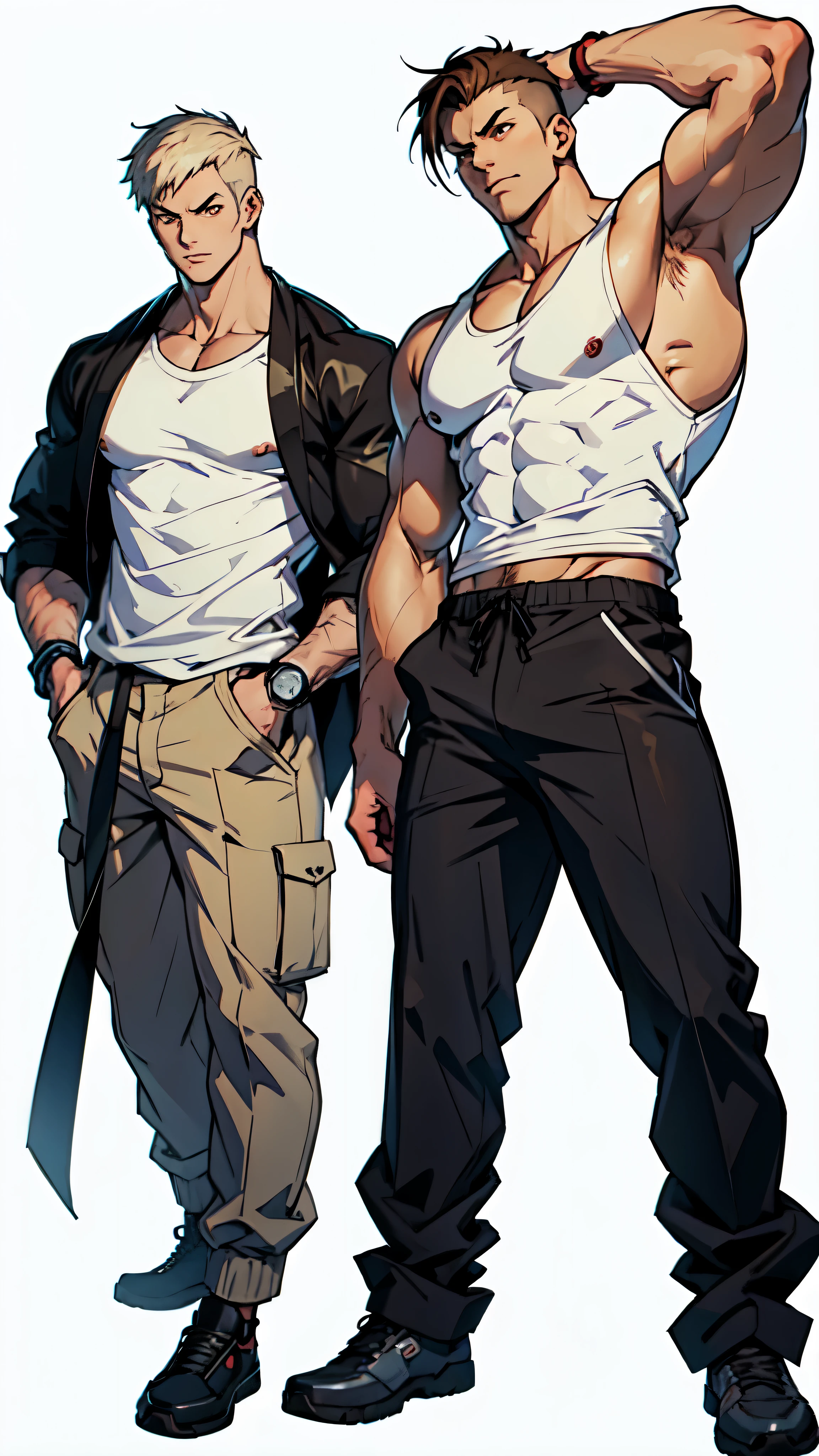 anime very muscular japanese man wearing a white tank top, tall, beige mechanic pants, (pale skin), ((yashiro from the king of fighters)), gangster, dark brown hair crew cut haircut, thug, brown eyes, anime cyberpunk character, male anime character, anime character sheet, character concept, full body concept, ( ( several poses, several expressions ) ), full body, male protagonist 👀 :8, anime style character, ((white background))