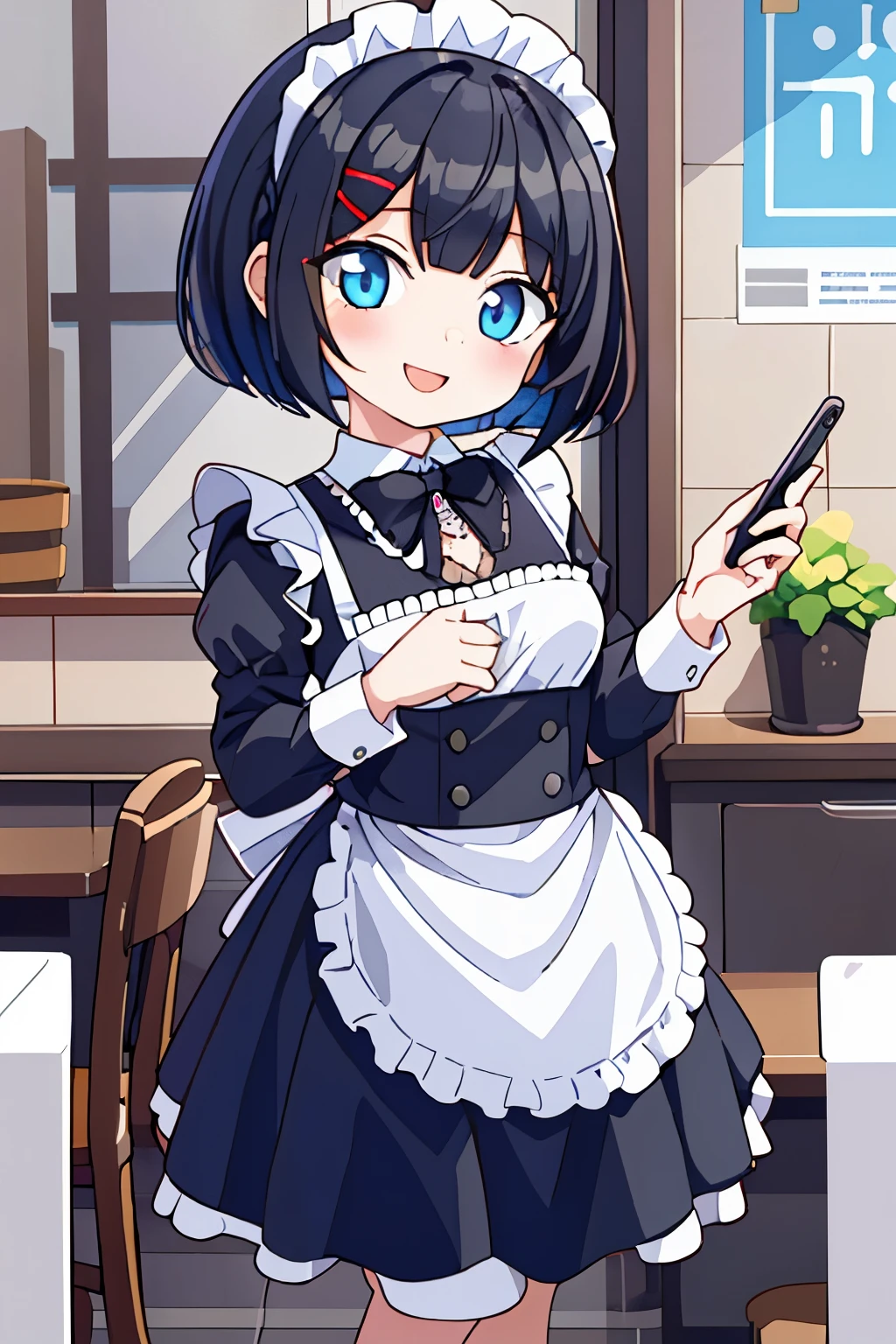 1 girl hairstyle bob black hair cute cosplay maid smile Smartphone in your right hand