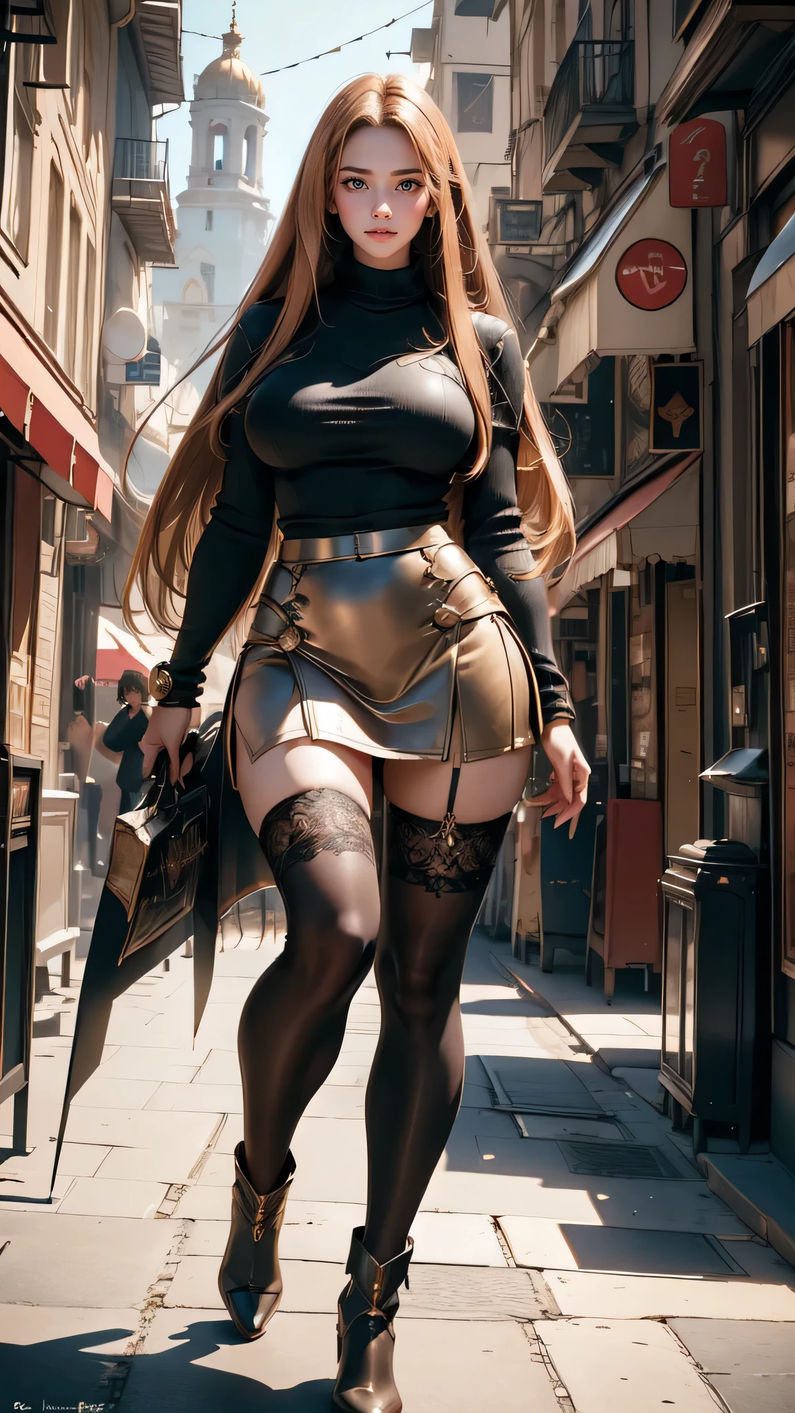 Walking around town,(highly detailed skin),winding,,beautiful胸,big breasts,white skin,pointed chest,erect nipples,(fantasy art,best image quality,surrealist portrait,(8k),Super realistic,最high quality, high quality, High resolution, high quality texture,high detail,beautiful,Detailed,Very detailed CG,detailed texture,realistic expression of face,masterpiece,sense of presence,dynamic,bold),(thin hair),(soft hair),(straight hair:1.5),long flowing bangs,extra light coppery amber hair,hair above one eye,sweater,tight mini skirt,stockings,Engineer boot