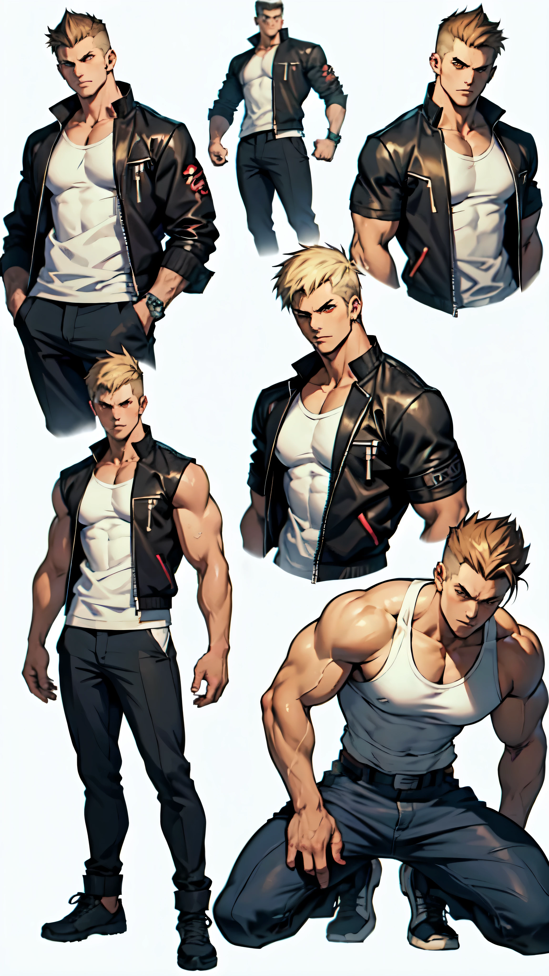 anime very muscular japanese man wearing a white tank top, tall, beige mechanic pants, (pale skin), ((yashiro from the king of fighters)), gangster, dark brown hair crew cut haircut, thug, brown eyes, anime cyberpunk character, male anime character, anime character sheet, character concept, full body concept, ( ( several poses, several expressions ) ), full body, male protagonist 👀 :8, anime style character, ((white background))