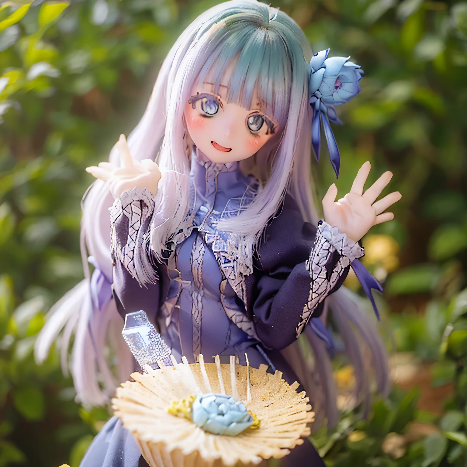 (highest quality,4K,8k,High resolution,masterpiece:1.2),Very detailed,(Realistic,photoRealistic,photo-Realistic:1.37),Portraiture,Mabel,Imaginative,Beautiful details,beautiful lip detail,Very detailed目と顔,Long eyelashes,Blue Hair,Sharp Mouth,another world,Uncle,Eating whole body smile zoom face squatting