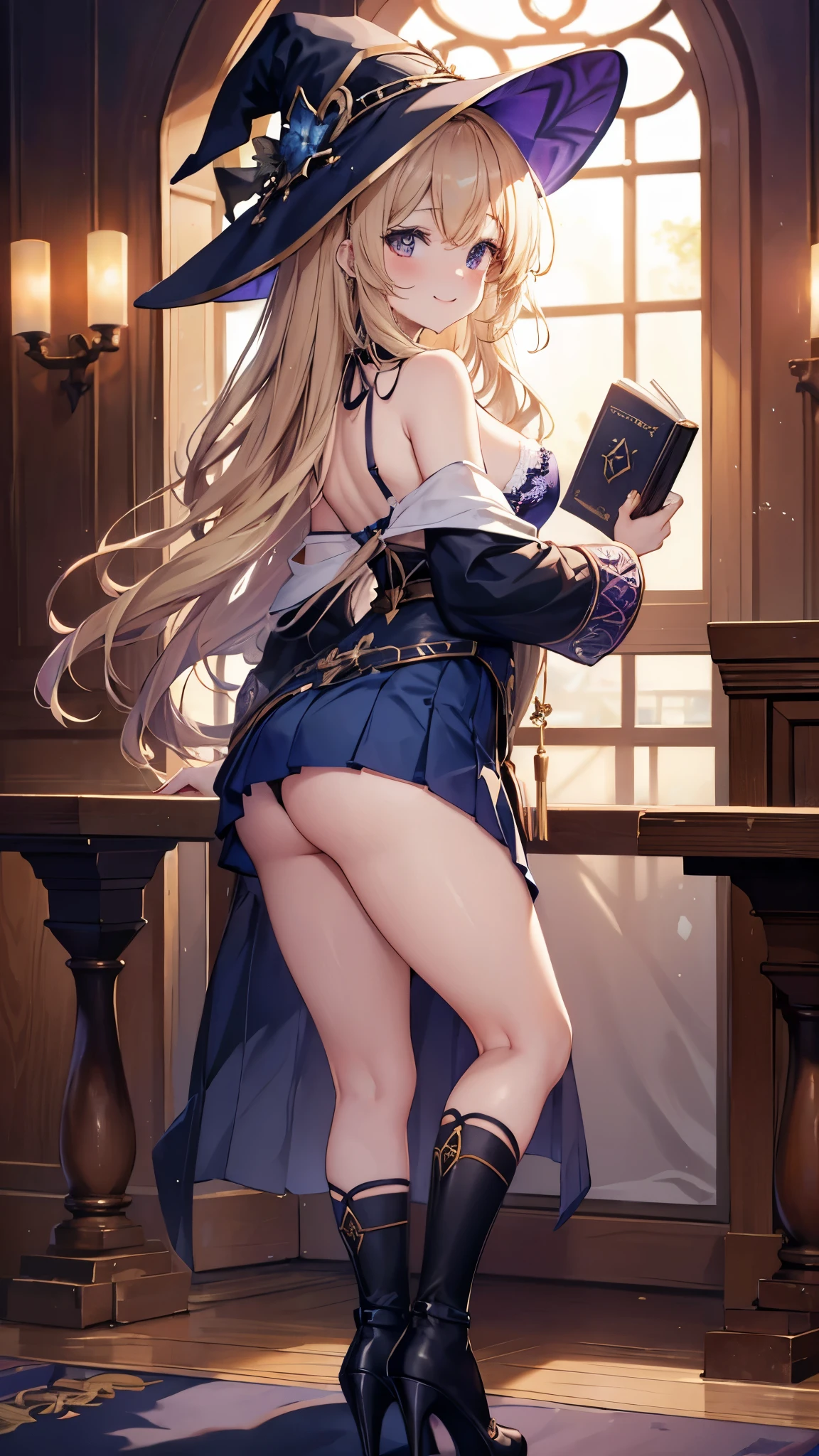 table top, highest quality, Highly detailed CG Unity 8k wallpaper, sexy witch costume , long dark blonde wavy hair、off shoulder knit, (dark blue pleated skirt), medium milk, transparent nipples, shy laugh, bare shoulder pose)、(looked back)、sexy hips、Sexy red lace bra and high heels on panty rack、luxury magic wand and book、Church of the castle、sexy pose、lean forward to emphasize the chest