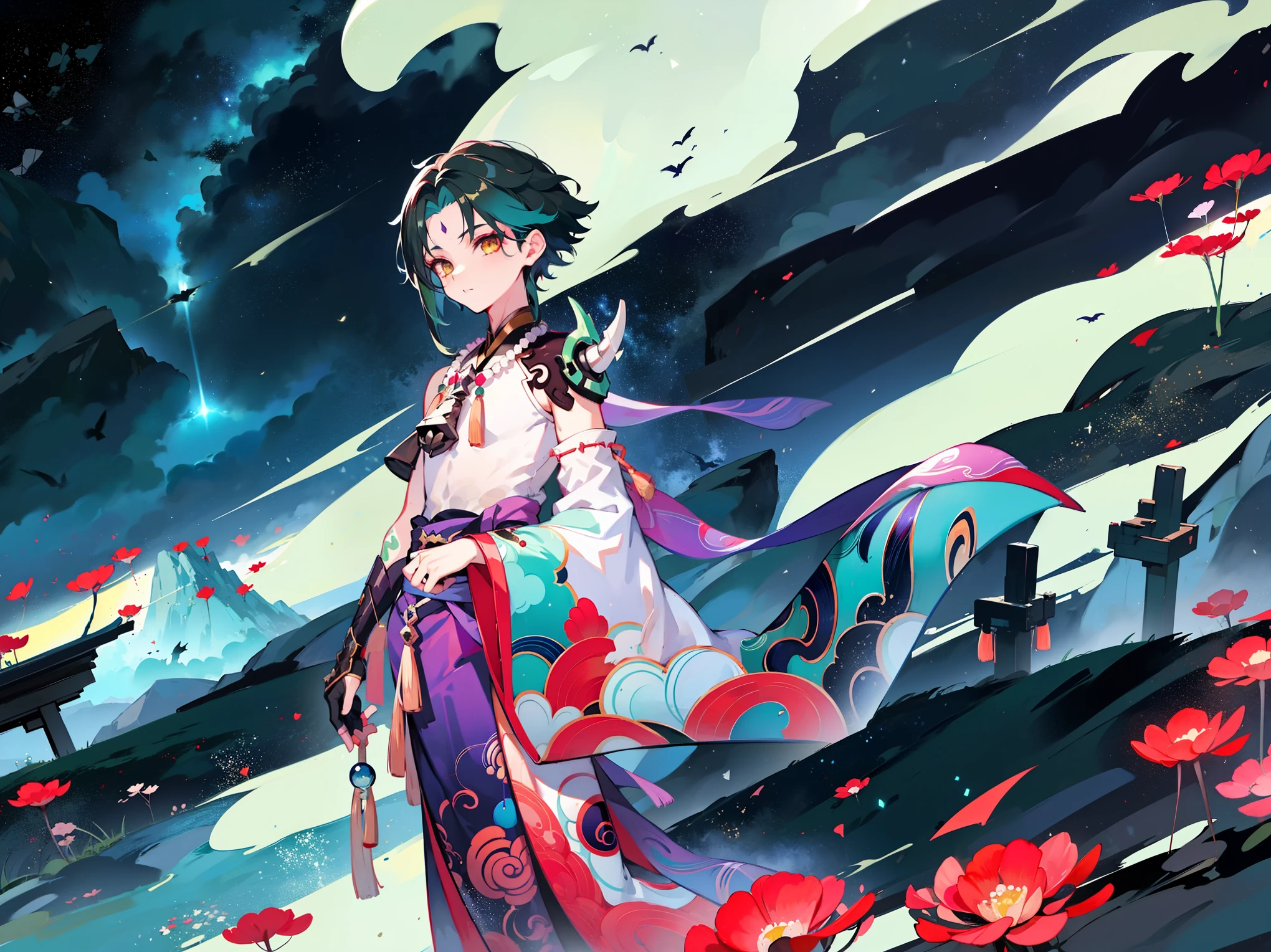 (masterpiece), best quality, have expressed, is a perfect face,1 boy，dark green hair，best quality，masterpiece，extremely，Eye focus beautiful eyes, Japanese kimono, Red Lycoris, Flowers of Hell, ghost, anime characters,The influence of Genshin Impact,woman,alone, (The influence of Genshin Impact), Standing on the top of the mountain，cloud, mountains, flying bird, rain, (starry sky:1.3), day, high resolution, looking at the audience, (32k wallpapers), Onmyoji Detailed Art, Oriental traditional art style, beautiful painting style, Ukiyo-style,