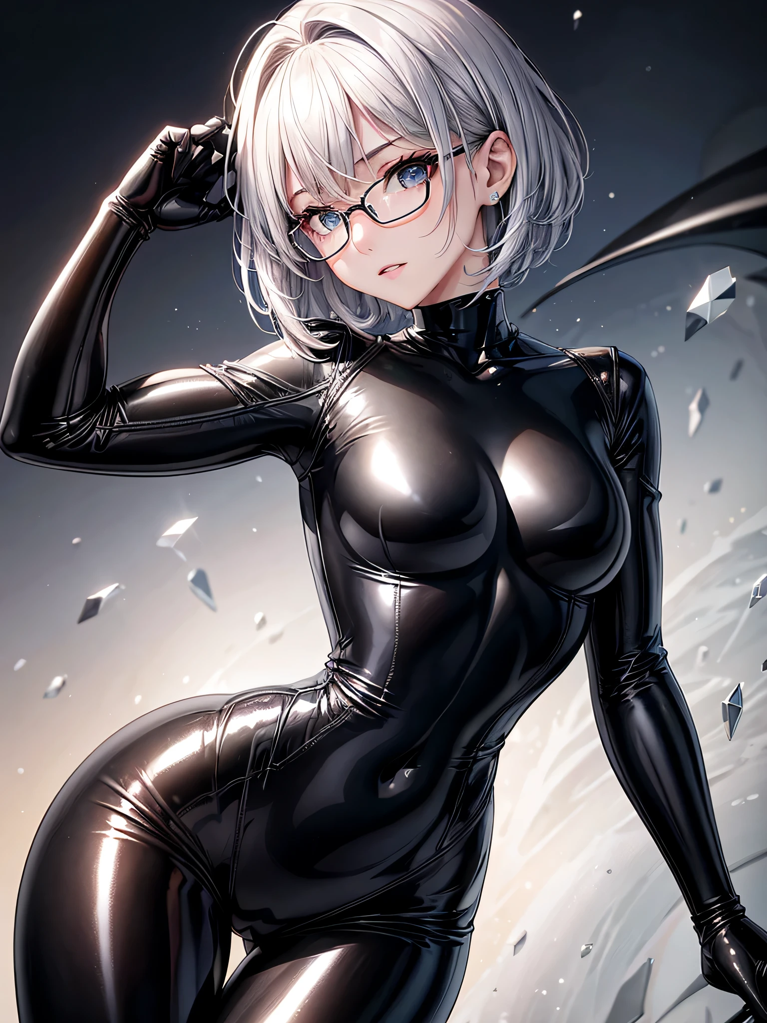 Top quality 8K UHD、short hair、pieces fly、cute eyes、silver hair、glasses uskul、Musculoskeletal system々、Upper body、Full body gloss、Beautiful woman wearing a full-body black metallic suit、A black rubber suit that hides your lustrous skin