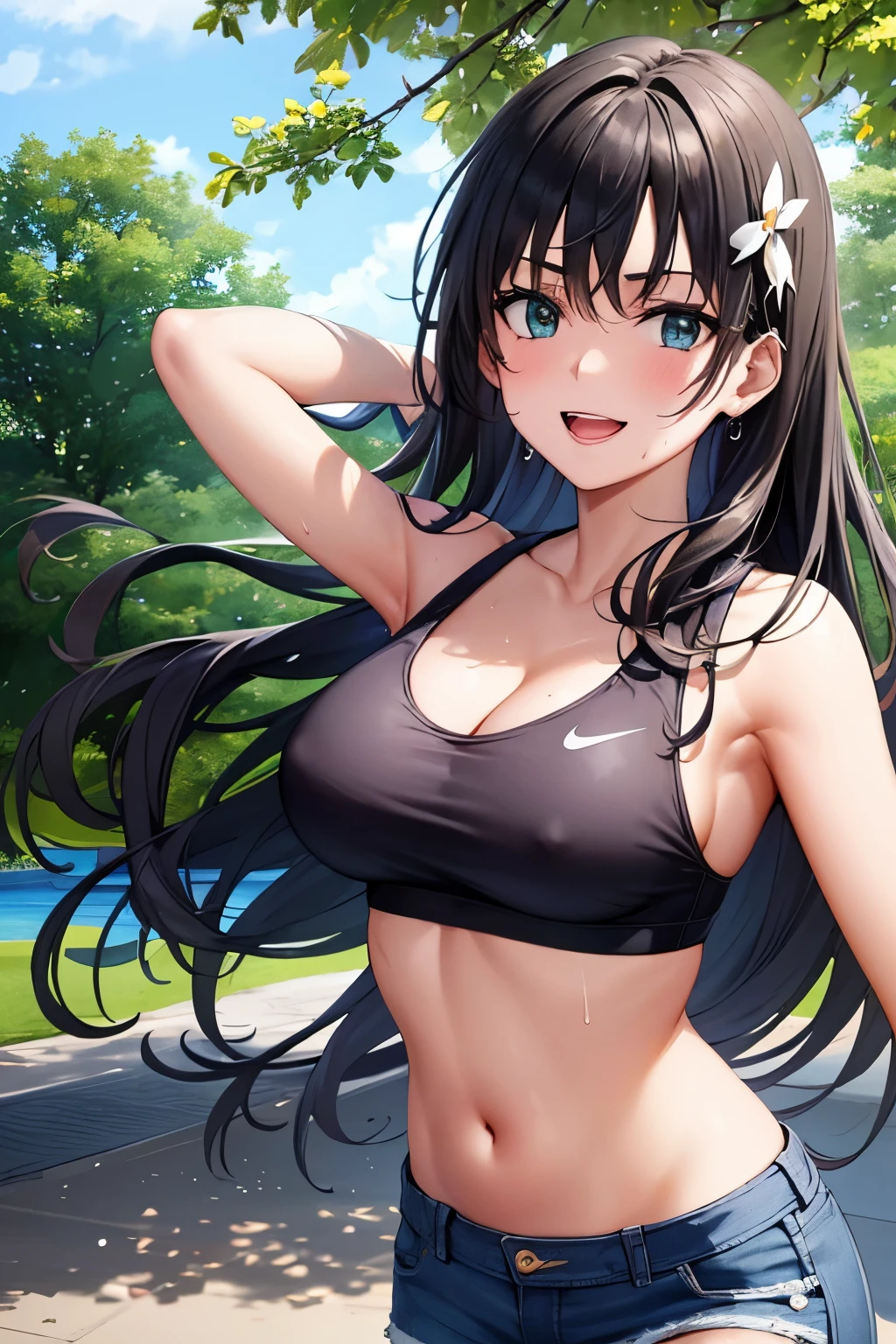 saten_ruiko, 1girl,18yo,black long hair,hair ornament, flower ornament,good anatomy, masterpiece, best quality,realistic, hyperrealistic, 16k hdr,earrings,(nike sports bra top:1.2),(low-rise damaged short denim pant:1.3),, outdoors,blue sky,strong wind,from below,(happy smile),(running:1.2),dynamic pose,navel,erected nipples,cleavage,(sweat:1.2)