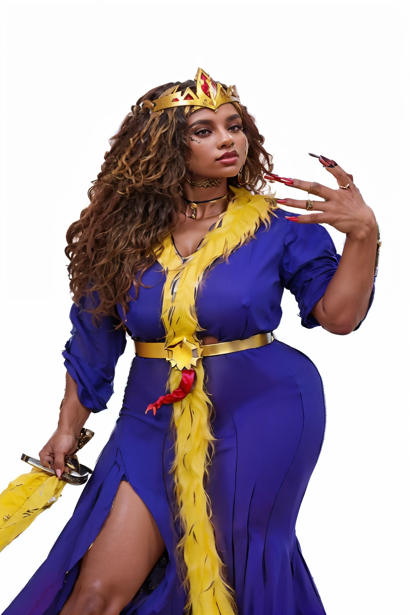 a powerful wondeful hot dark skin woman dressed in a long blue fancy queen dress and a golden crown, beauty eyes, dark skin, african curly long black hair, red nails, snake belt, rings of her fingers, golden sword on a hand, d&d style full body portrait, as a dnd queen character, full body dnd character portrait, as a d&d character, game of thrones aesthetic queen character, long haired curly hair, dark skin woman with red lips, medieval dark skin queen, blue tiefling, attractive tiefling queen