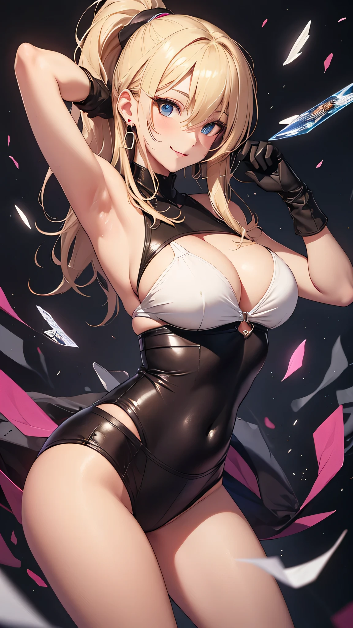 最high quality、best image quality、masterpiece、girl((20-year-old、 By becoming、vest bust、medium bust,wide open breast tea、shining eyes, blonde、long hair、thin,highest valley、ponytail、Very short shirt、short belly sports pants、cool pose、Please bring your smartphone、sweating、smile、forward leaning movement、diamond earrings、white gloves、cute pose)),high quality、beautiful art、background((casino))、Flight、debris flies、Depth of written boundary、movie、visual art、perfect art、8k,genuine、