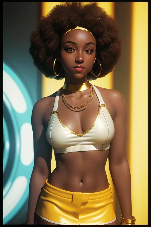 complex 3d render ultra detailed of a beautiful Girl in gold body jewelry, Highly Detailed Face and Skin Texture, big green eyes, juicy lips, bimbo lips, white skin, (afro curly Black hair), pale skin, Detailed Eyes,, afro curly black hair, cyberpunk gold metal BDSM, gold metal cyberpunk tapes, metal Collar, metal gold futuristic mikro Panties t-strings, metal panties, metal mikro bra, metal clothes, gold body jewelry, wet skin. White skin, she is on the futuristic cyberpunk white and Black room in the spacecraft. Piercing in the nose.