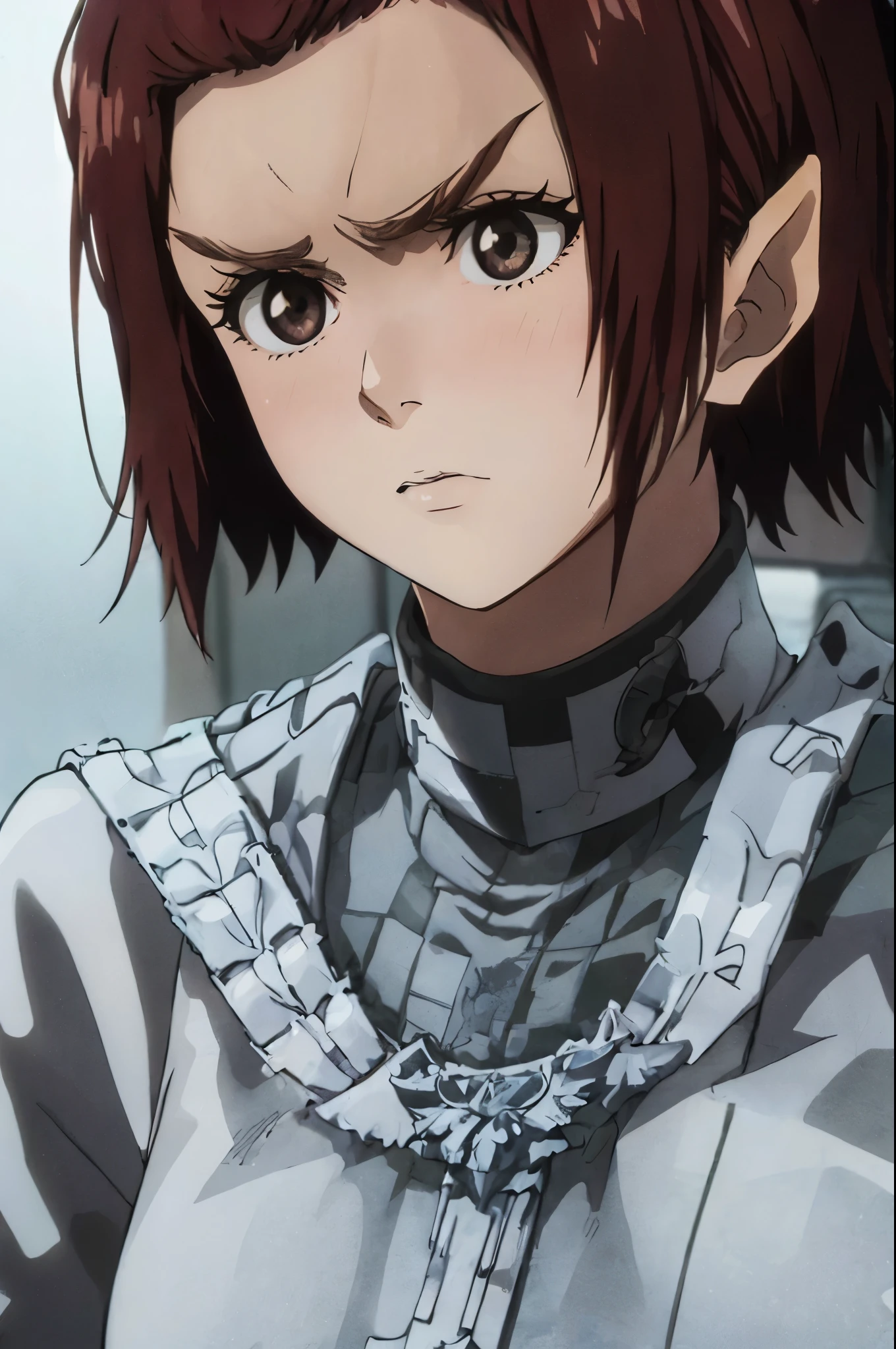 masterpiece high quality best quality bleach style romulan female moody expression pointy eyebrows pointy ears forehead ridge 