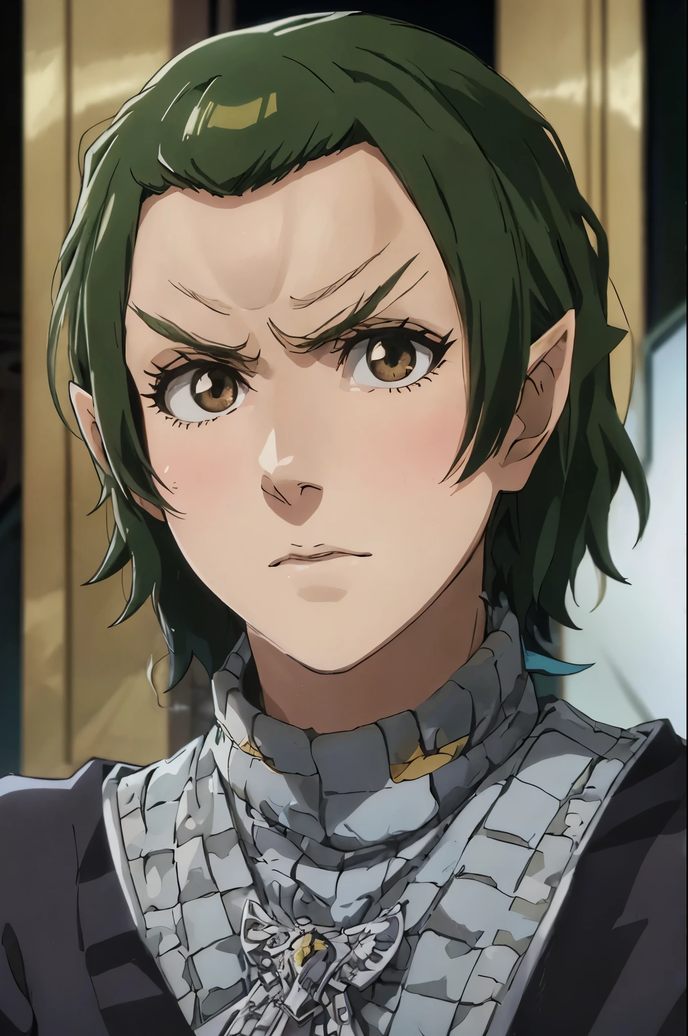 masterpiece high quality best quality bleach style romulan female moody expression pointy eyebrows pointy ears forehead ridge 