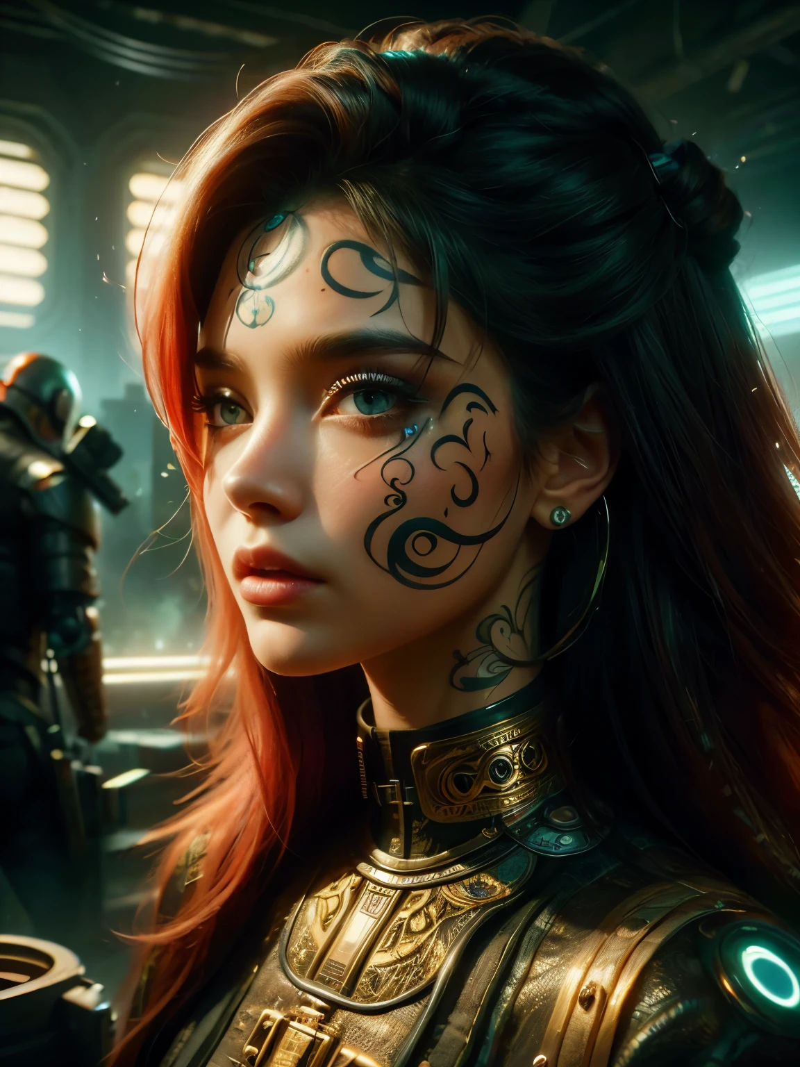 Hyperrealistic portrait of a 18 year old girl with intense gaze, intricate facial tattoos, colorful hair, and vibrant lighting. Set against a dystopian cityscape background, reminiscent of cyberpunk art. Masterpiece digital artwork by Greg Rutkowsky and Hayao Miyazaki.