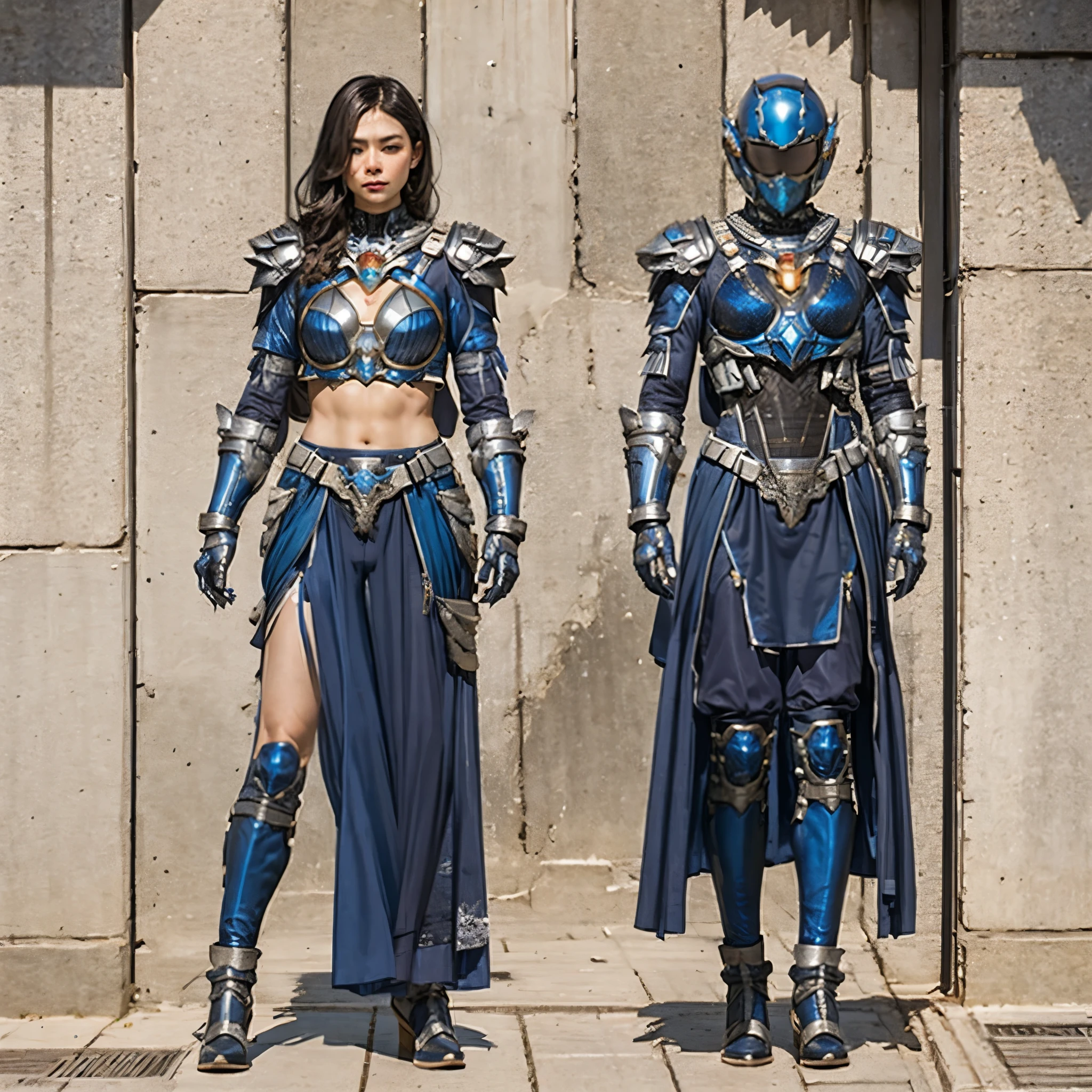 Full body, dark navy space suit, combat posture, sharp creases on the surface of the shell, streamlined curves and transitions, tightly connected abdominal armor showing symmetrical angles, with biological rib like abdominal armor layer by layer covering and connecting, and shining veins between the gaps of abdominal armor. The EVA of the back armor combines the shell and electronicses, best qualtiy, Realiy, ultra-detailliert,8k,